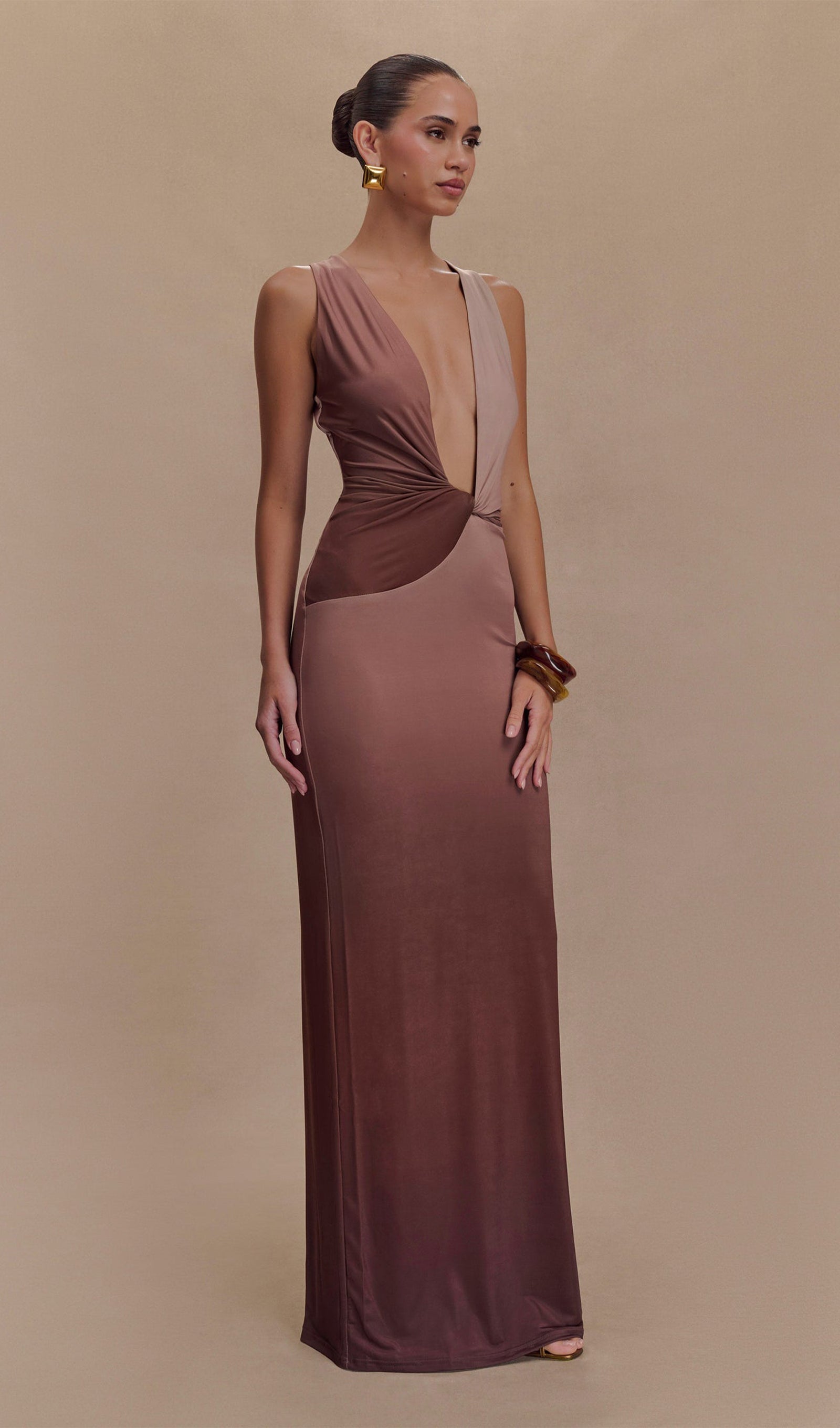 Draped Slim Maxi Dress Mocha Ombre 