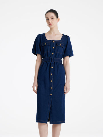 Damen-Midikleid aus Jeansstoff mit Puffärmeln und eckigem Ausschnitt, inklusive Gürtel 