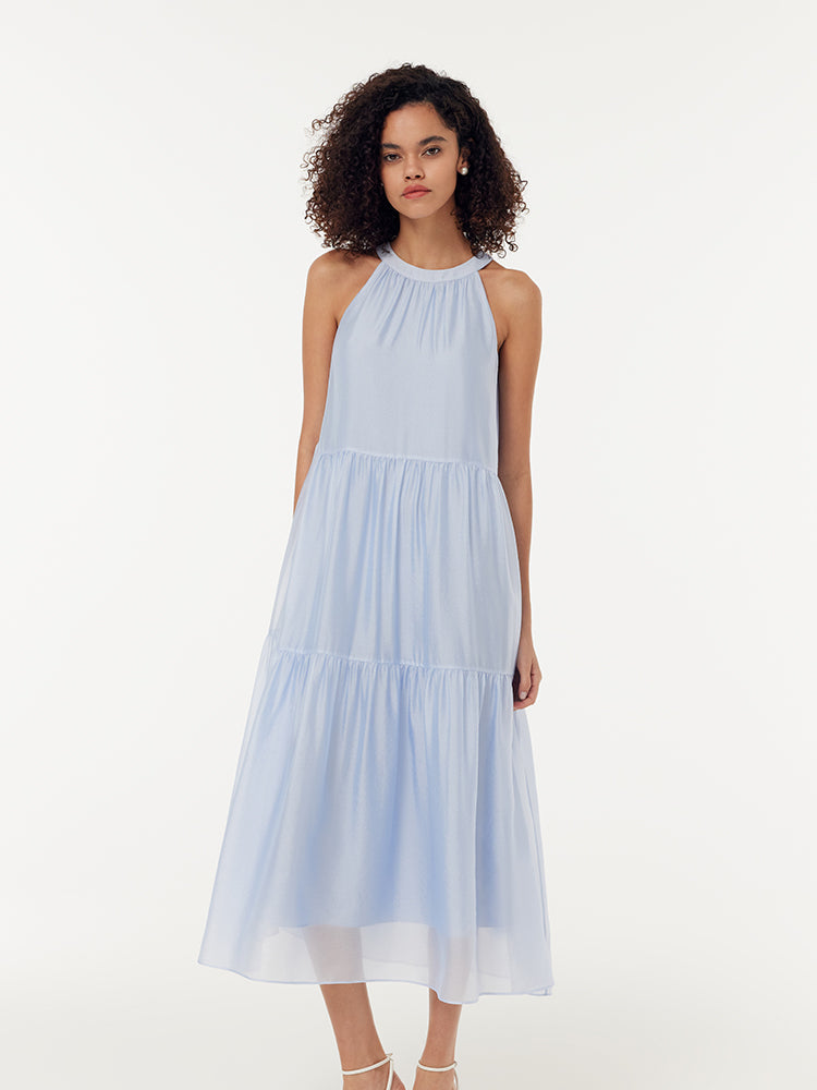 Çıkarılabilir Çiçekli Kadın Halter Midi Mavi Elbise