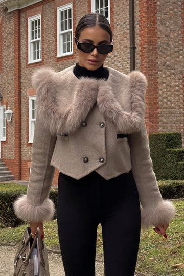 Giant Fur Collar Short Coat - Brown
