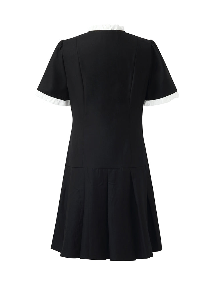 Women's Black Mini Sport Dress with Ruffle Trim and Pearl Buttons 