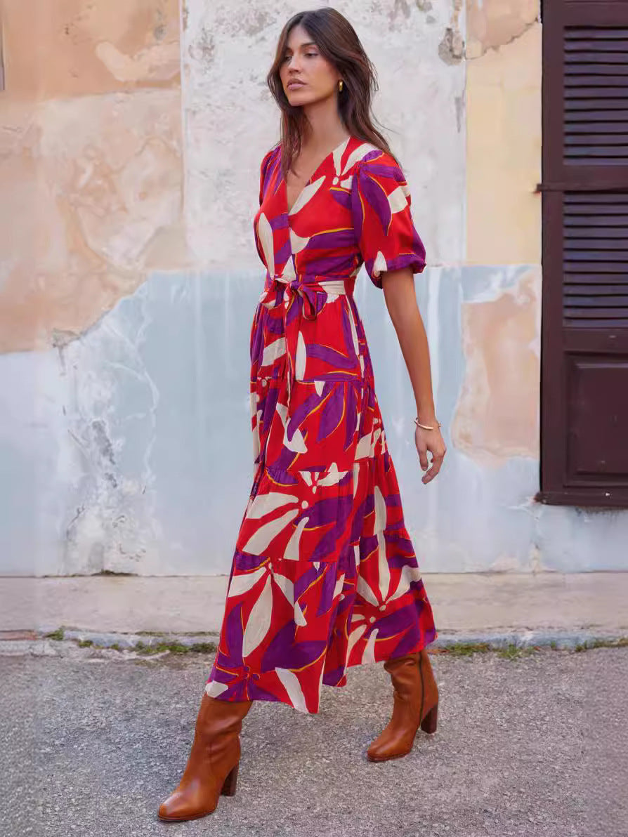 V-Neck Puff Sleeve Slit Printed Maxi Dress