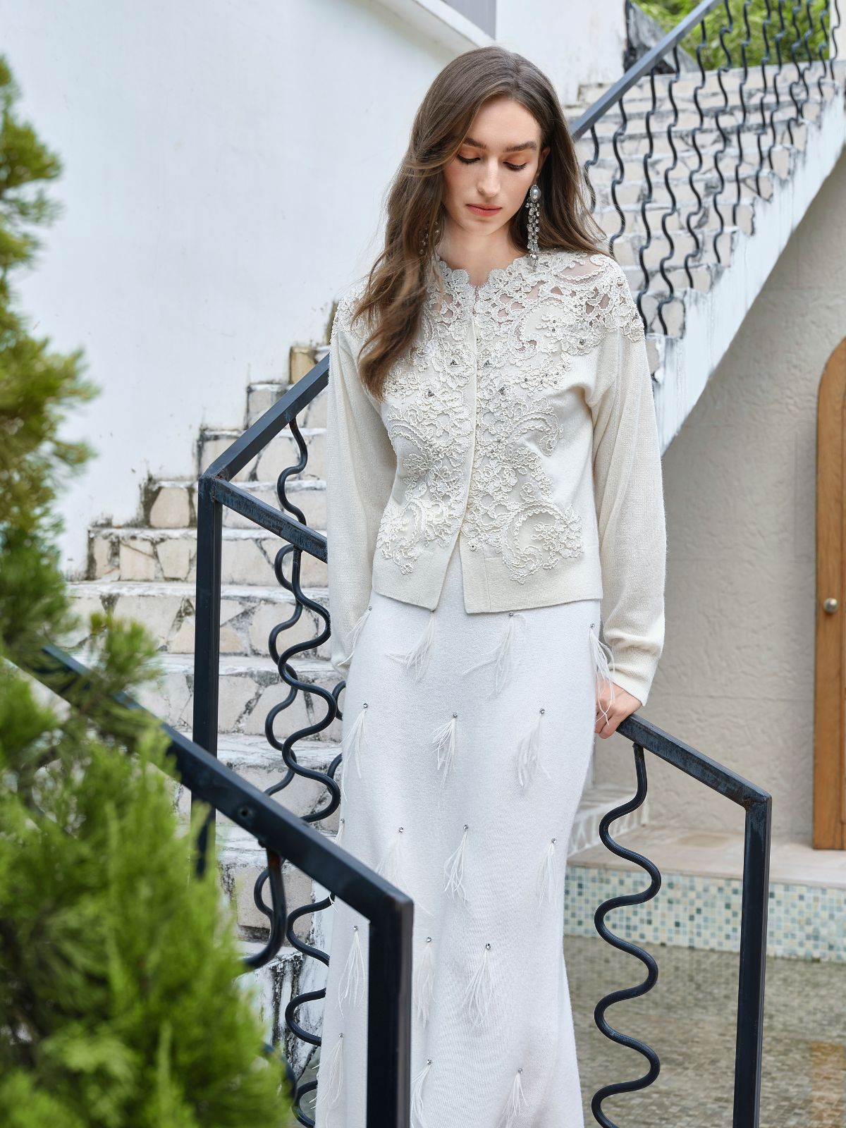 Cashmere Cardigan with Lace and Floral Embroidery