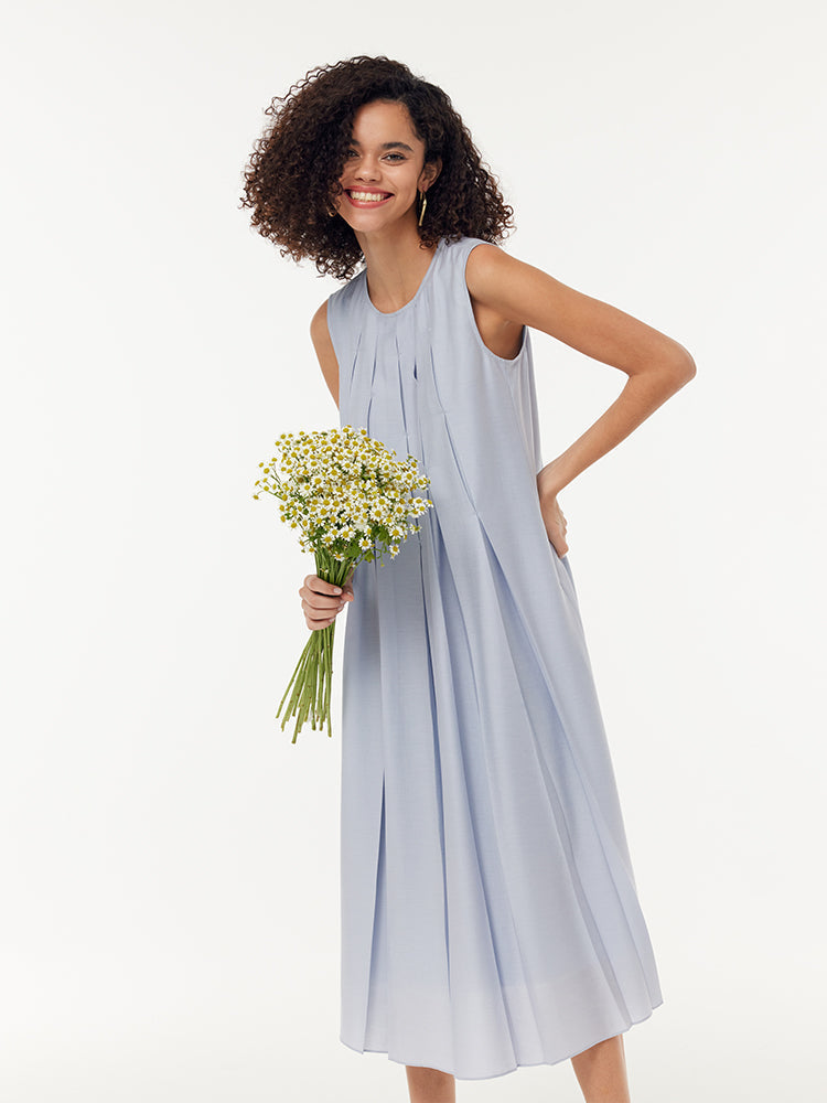 Asetat A-Line Kadın Midi Mavi Elbise