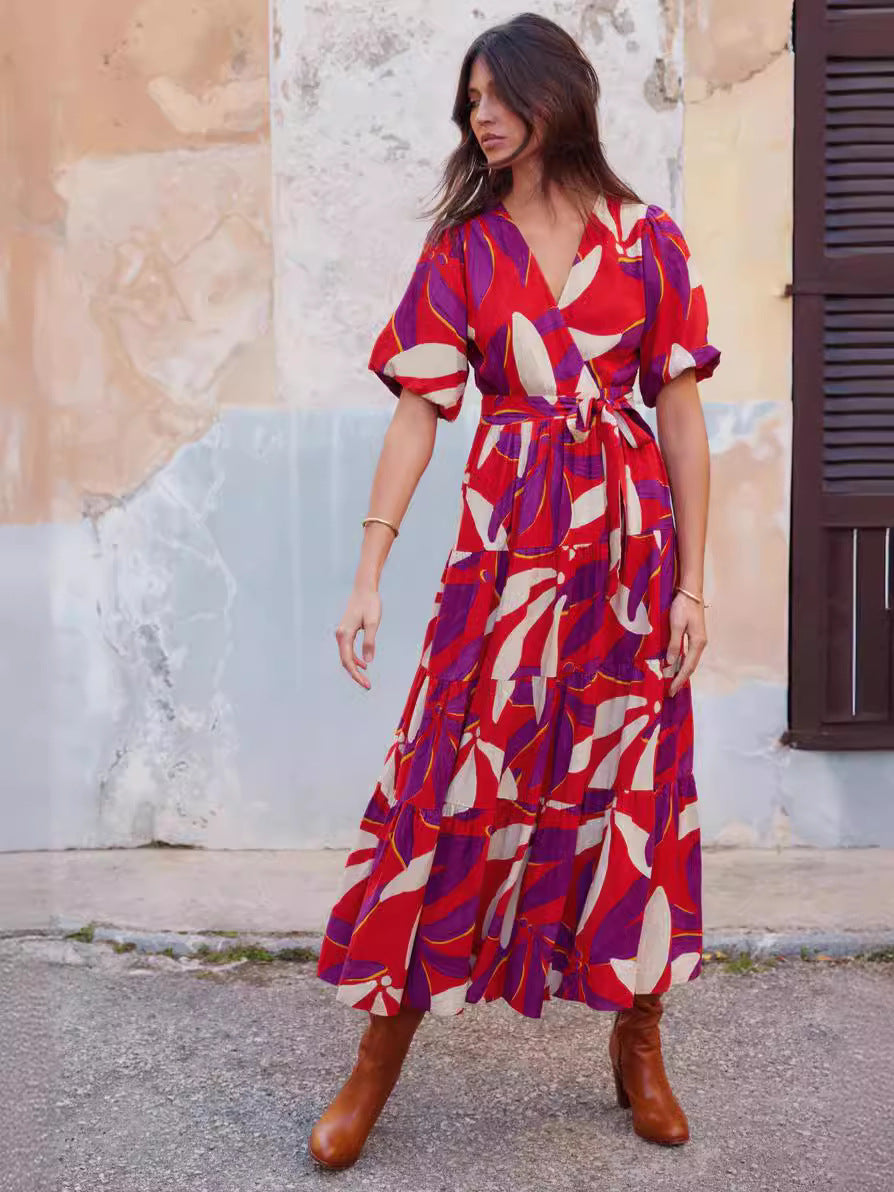 V-Neck Puff Sleeve Slit Printed Maxi Dress