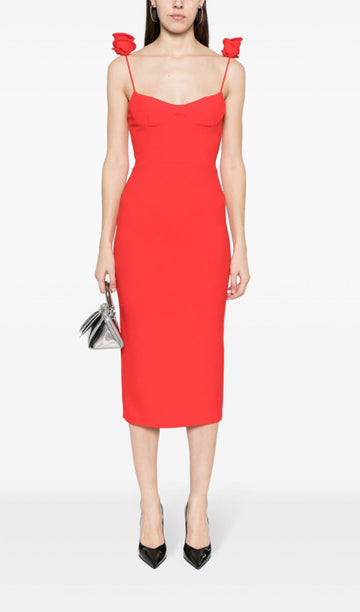 Solid Floral Pattern Midi Dress 