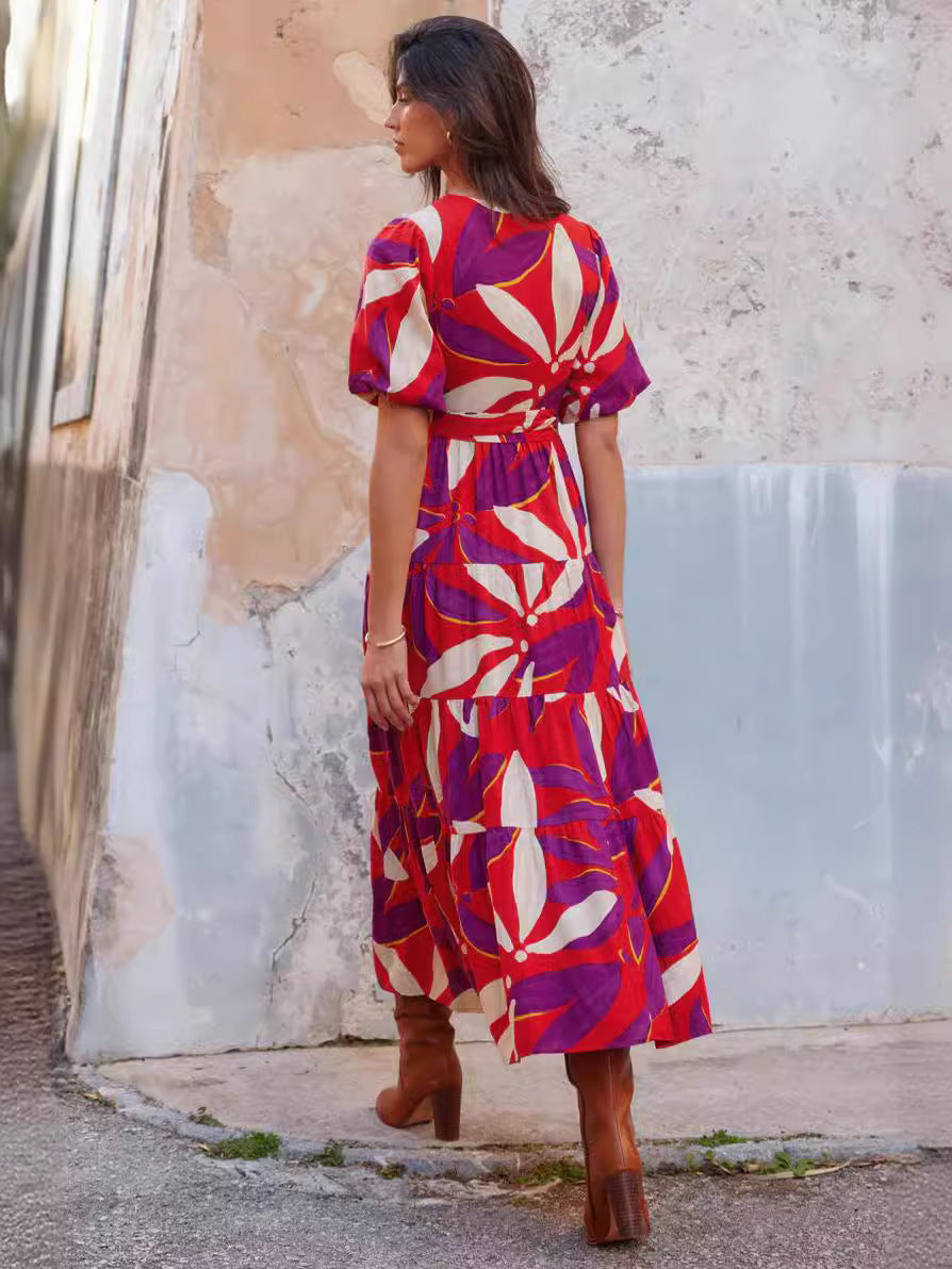V-Neck Puff Sleeve Slit Printed Maxi Dress