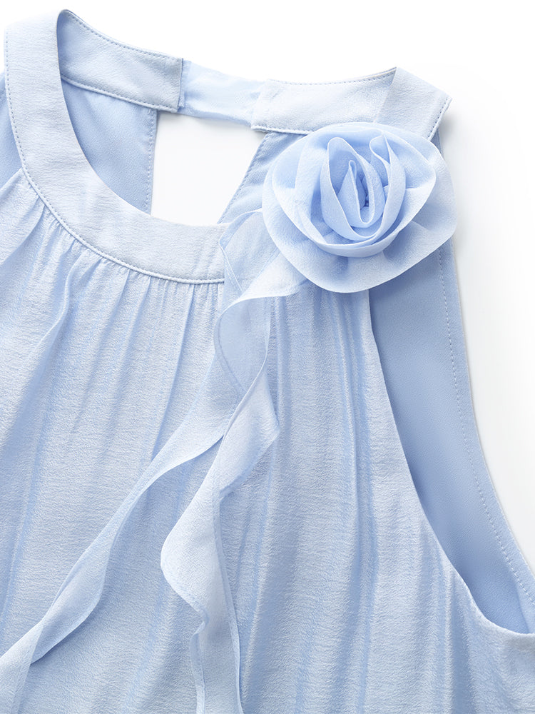 Çıkarılabilir Çiçekli Kadın Halter Midi Mavi Elbise