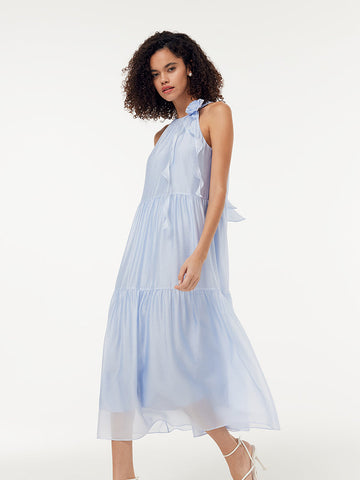 Çıkarılabilir Çiçekli Kadın Halter Midi Mavi Elbise