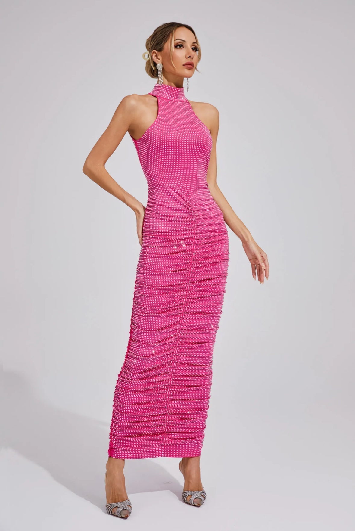 Kaia Rhinestone Ruched Maxi Elbise