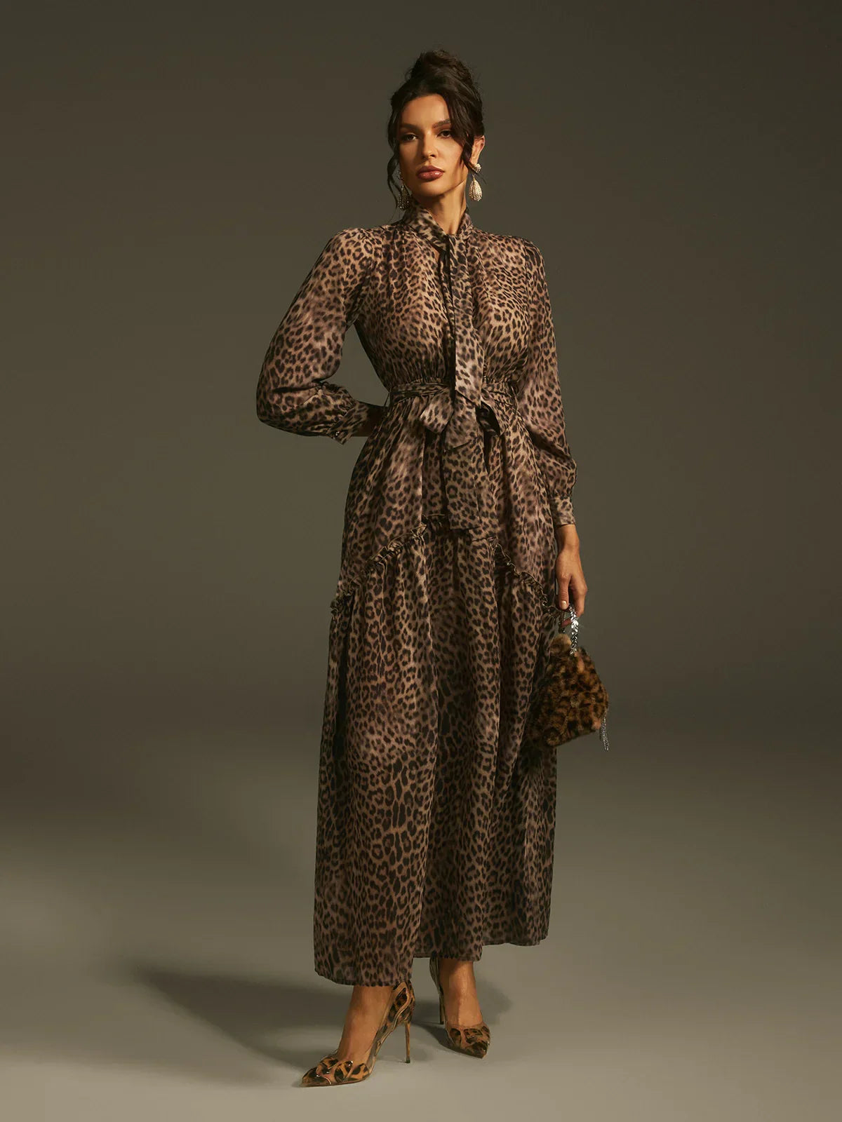 Leopar Desenli Zarif Maxi Elbise