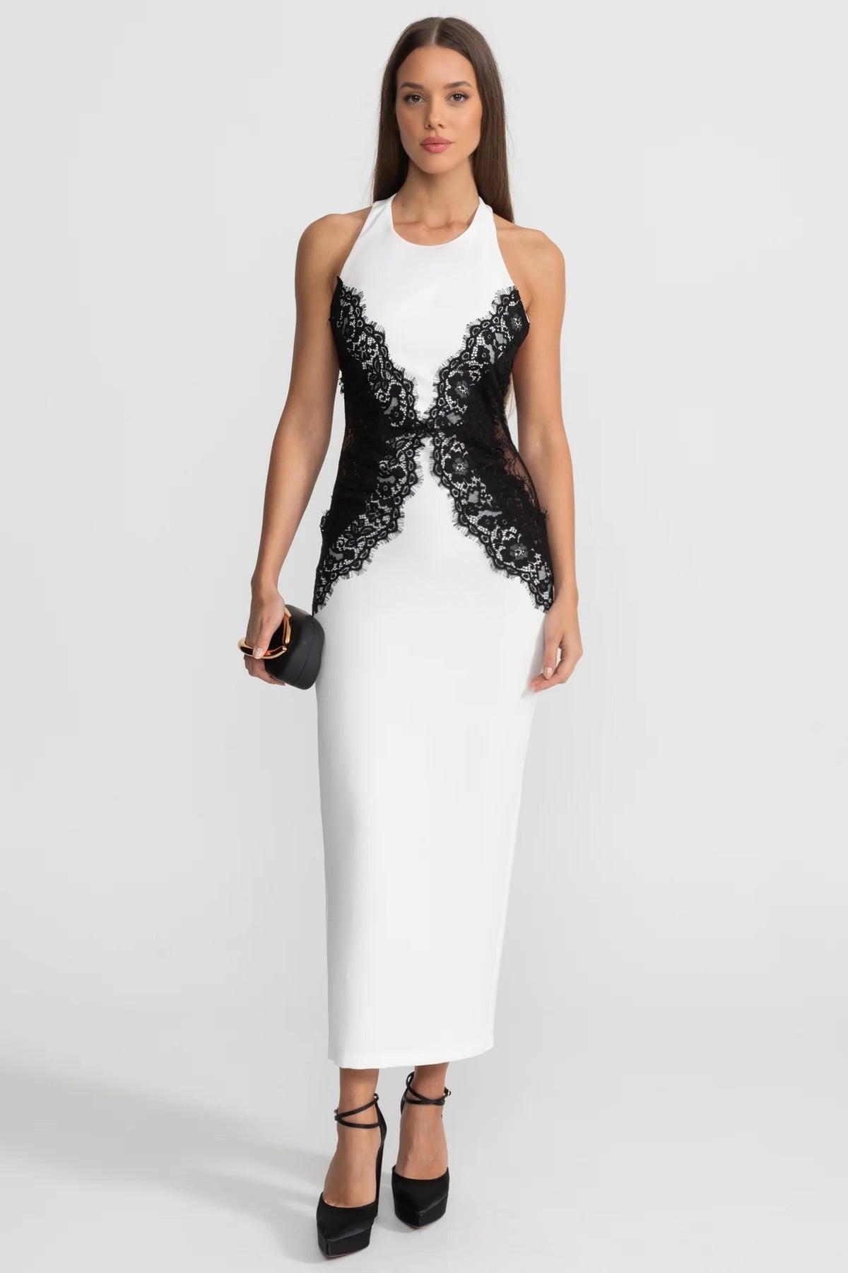 Kontrast Dantel Detaylı Askılı Maksi Elbise – Beyaz
