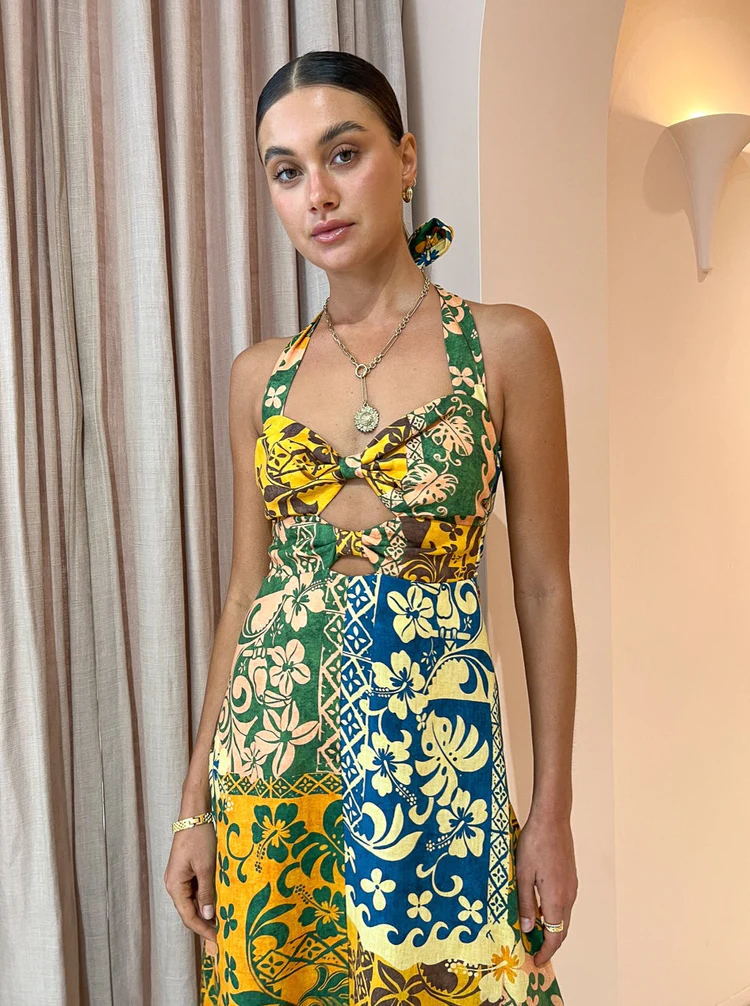 Sexy Print Bandage Backless Halter Print Maxi Dress 