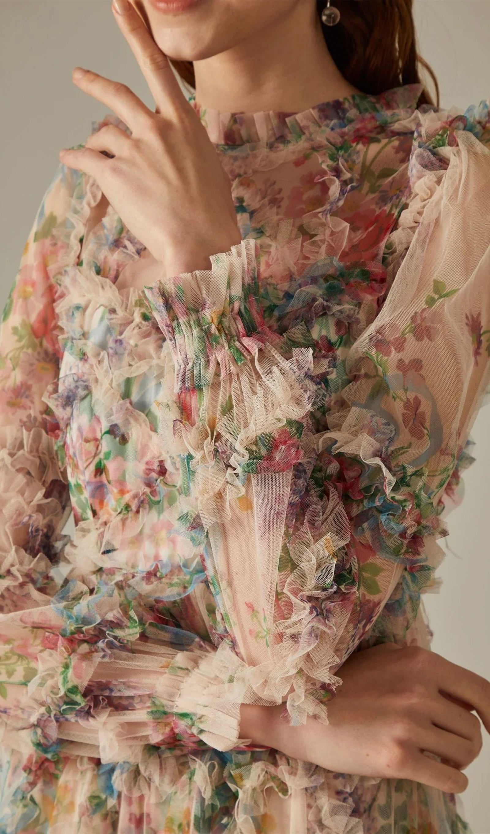 Long-Sleeved Floral Ruffled Maxi Knit Dress