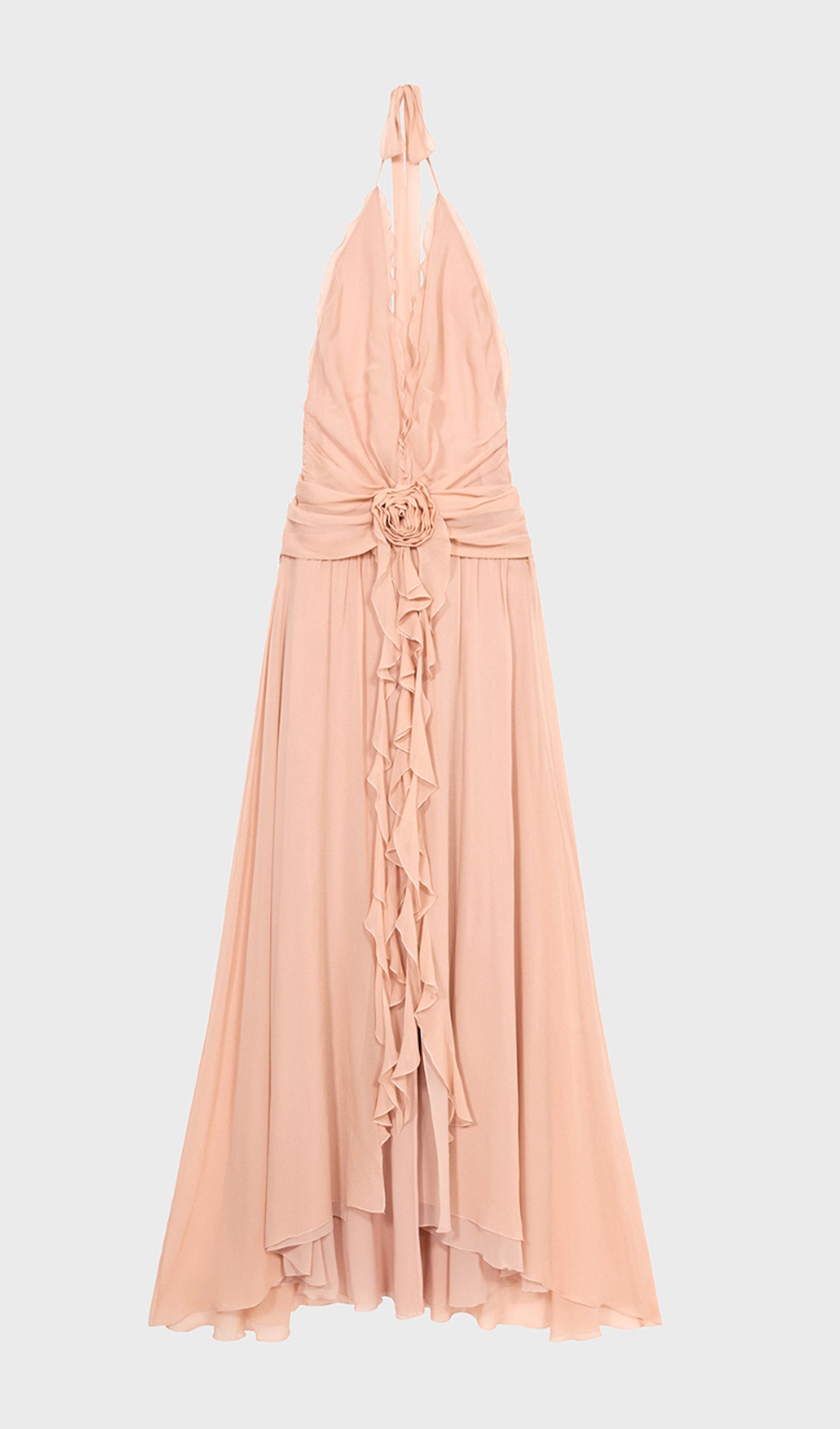 Halter Ruffles Maxi Dress with Rose Embellishments 