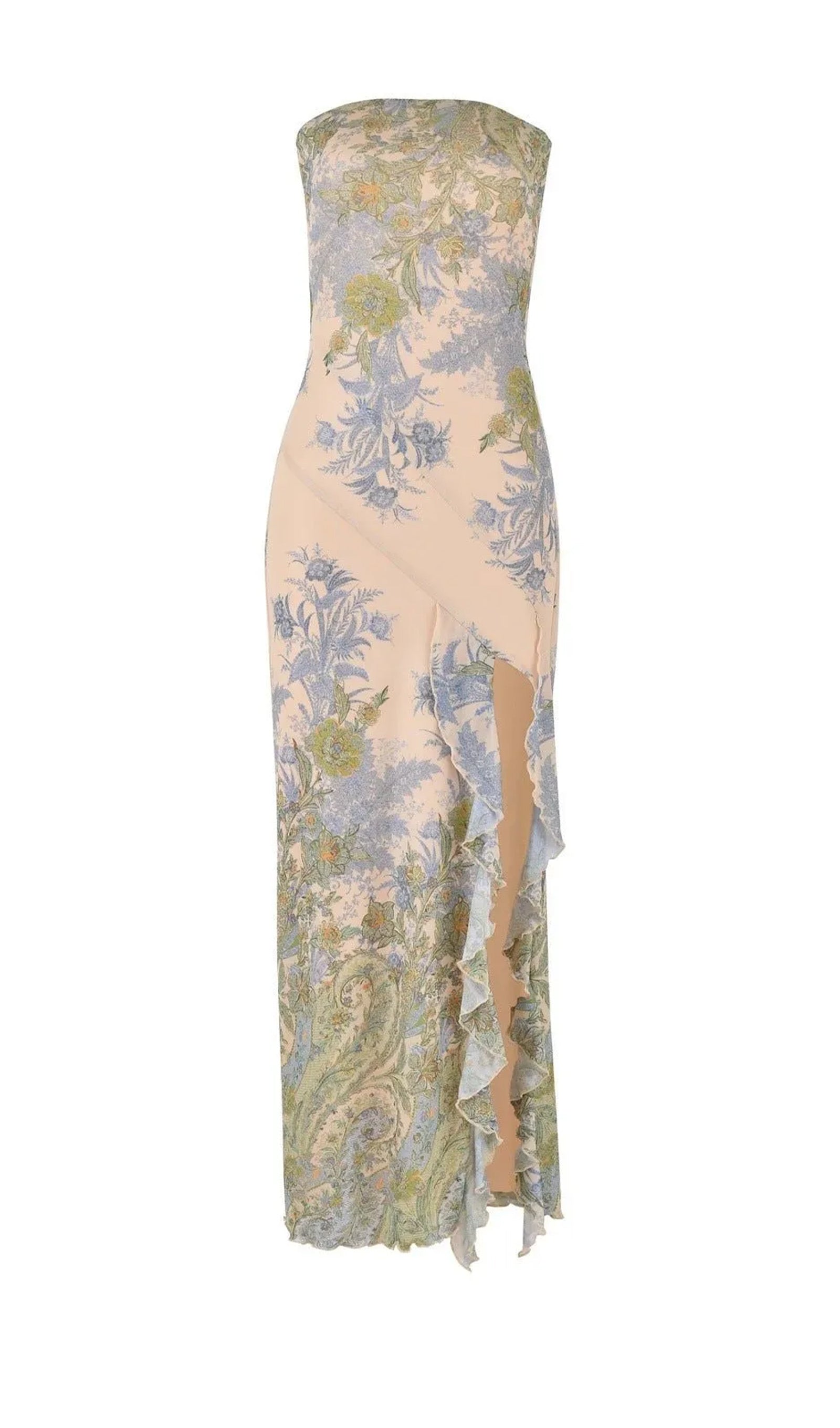 Printed Strapless Midi Dress with Slit 