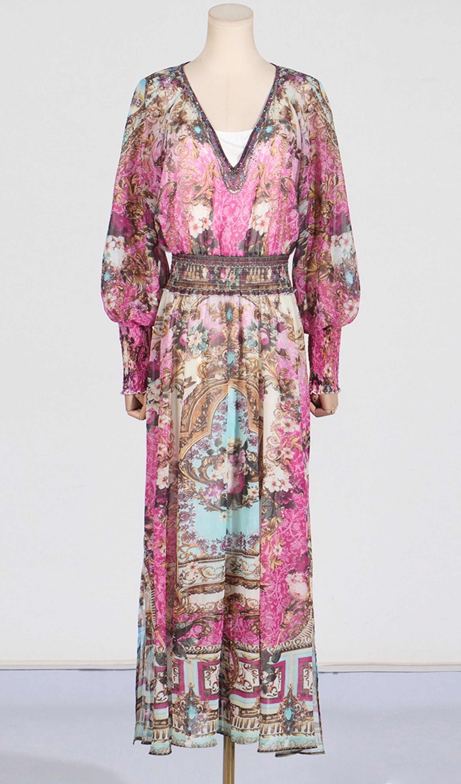 Boho-Maxikleid mit Blumenmuster, langen Ärmeln und V-Ausschnitt