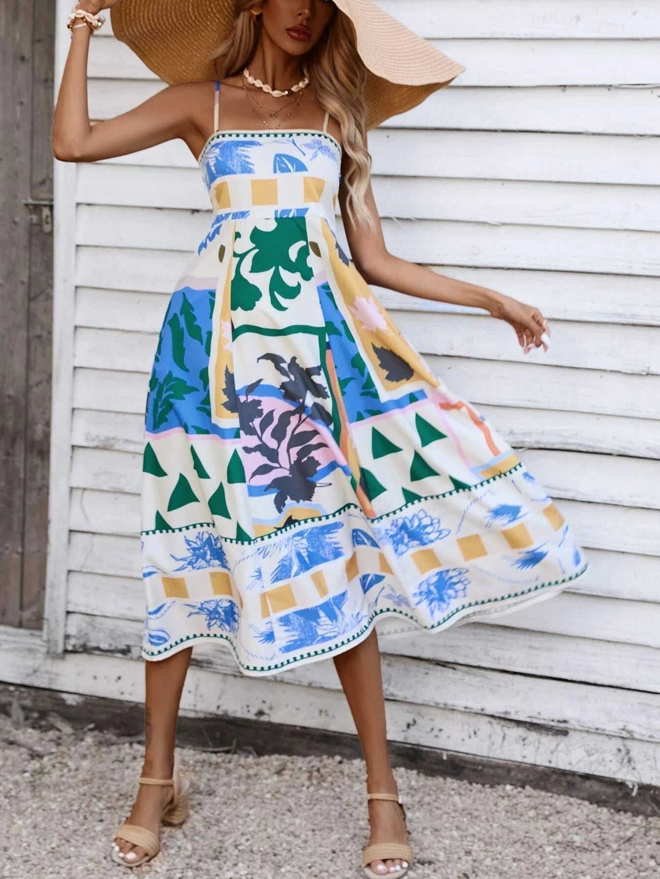Soyut Patchwork Slip Maksi Elbise