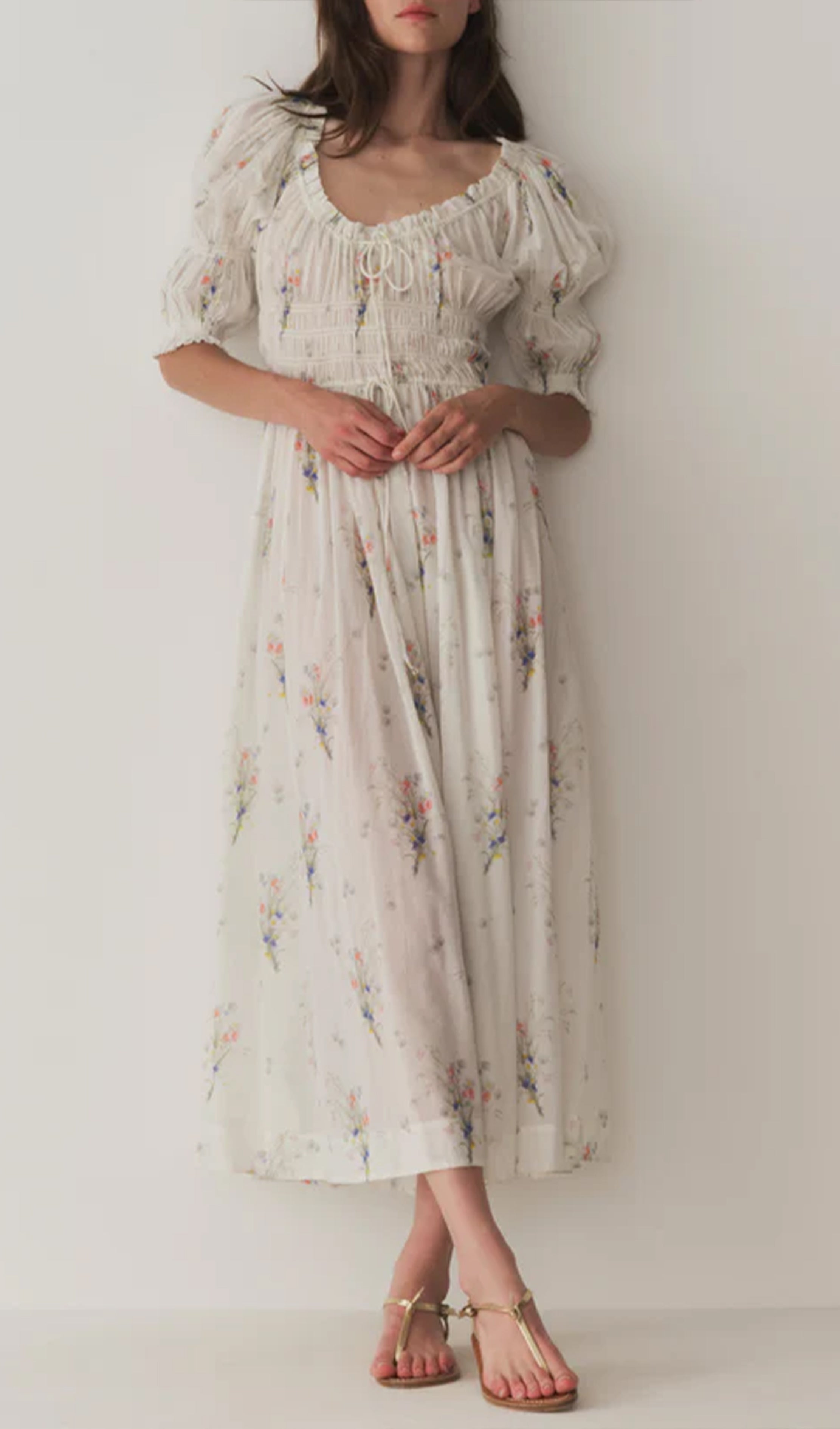 Midikleid aus Baumwolle mit Blumenmuster und kurzen Ärmeln