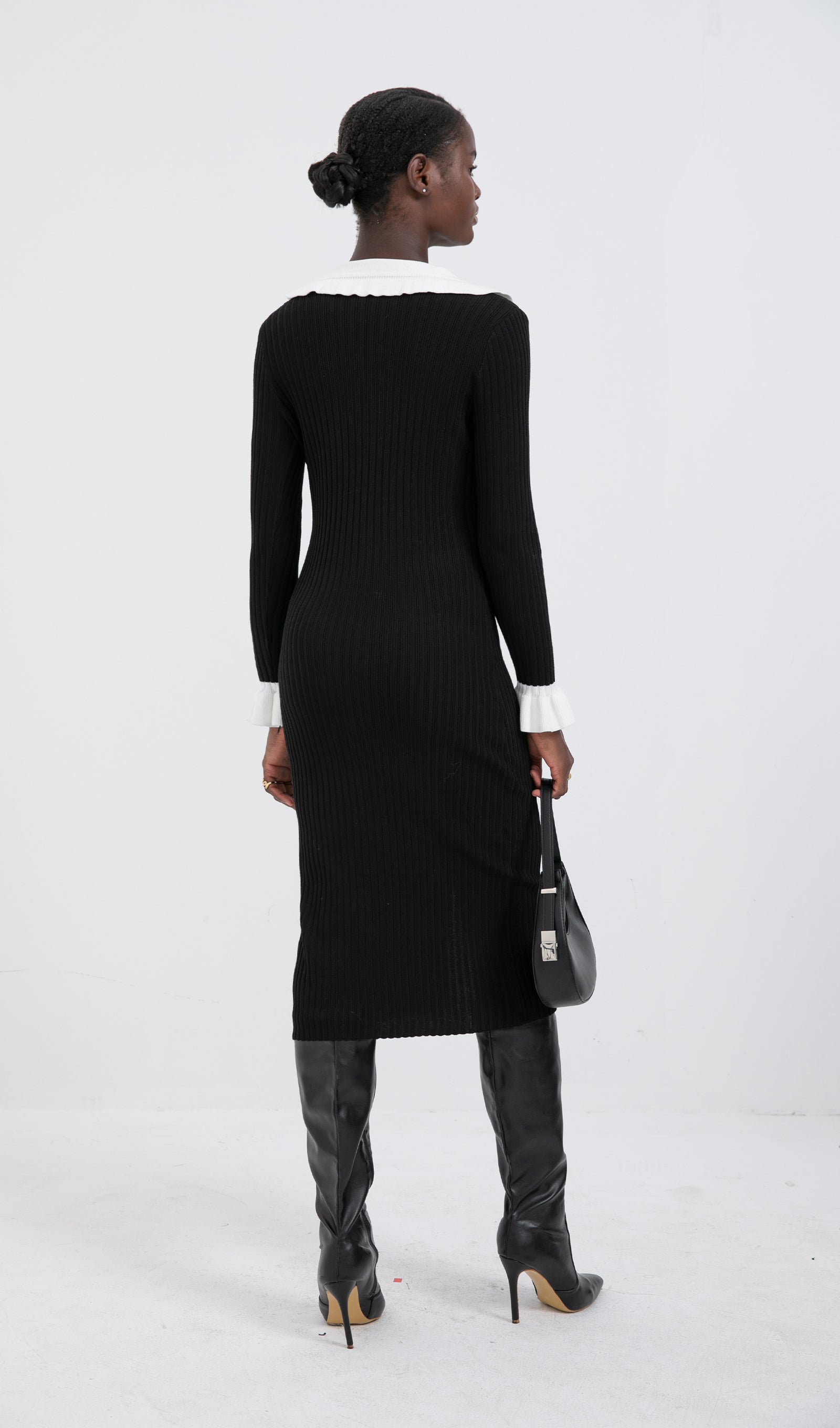 Trendy Jersey Fırfır Yaka Midi Elbise -Siyah