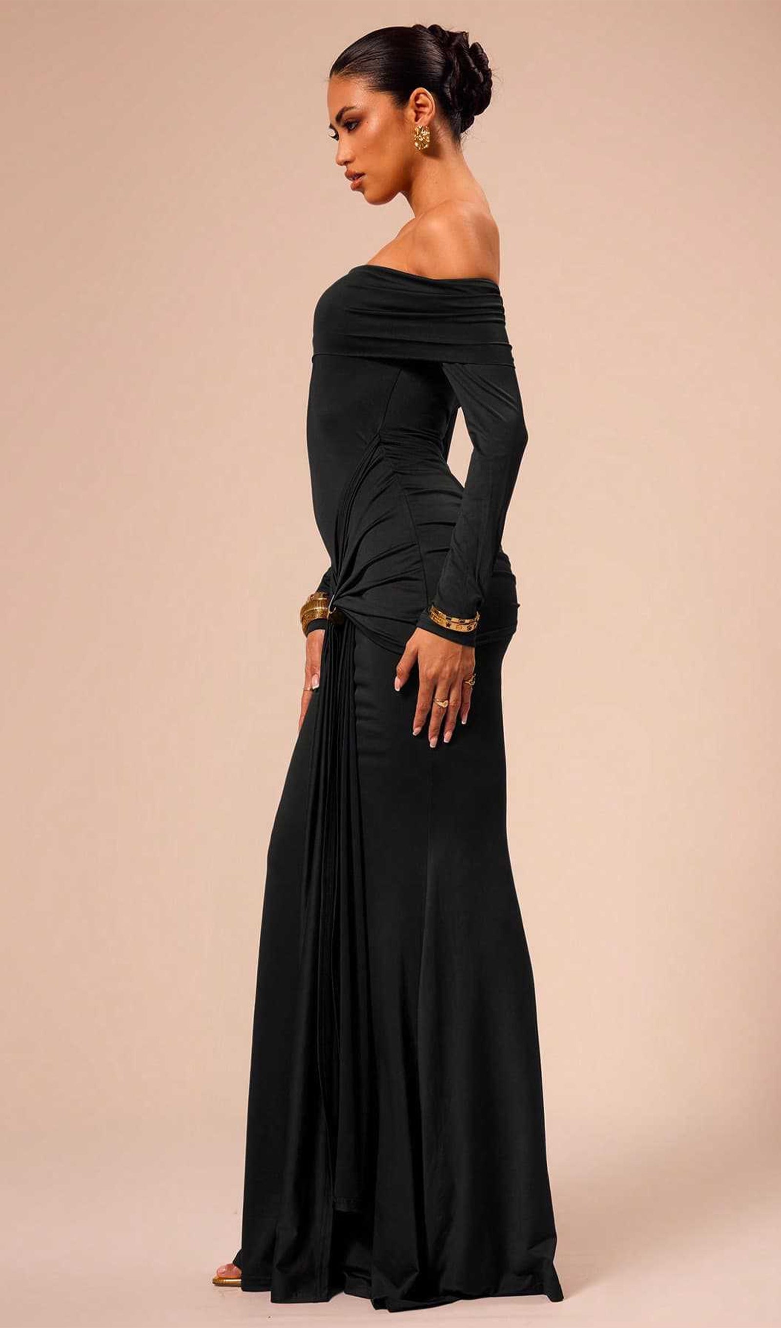 Schulterfreies, gerüschtes Maxikleid, Schwarz 