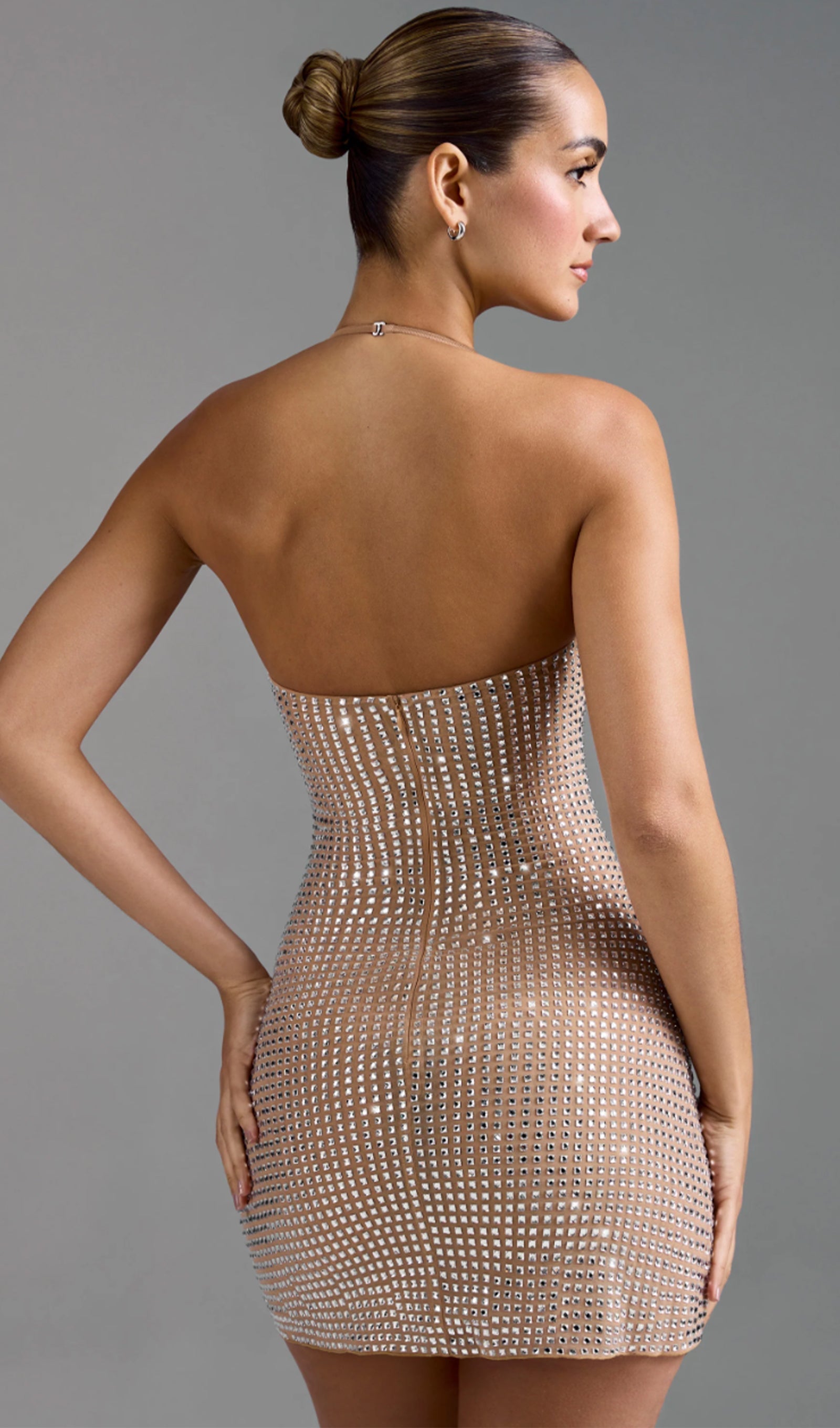 Embellished Halter Neck Mini Dress Nude 