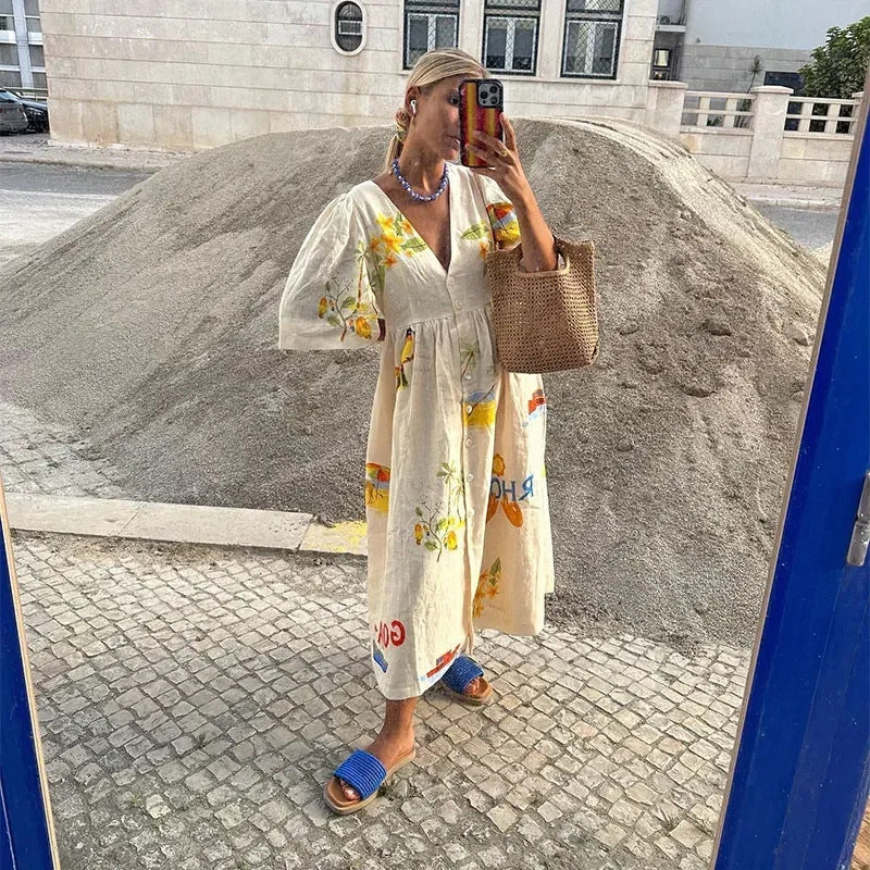 Printed Linen Midi Dress 
