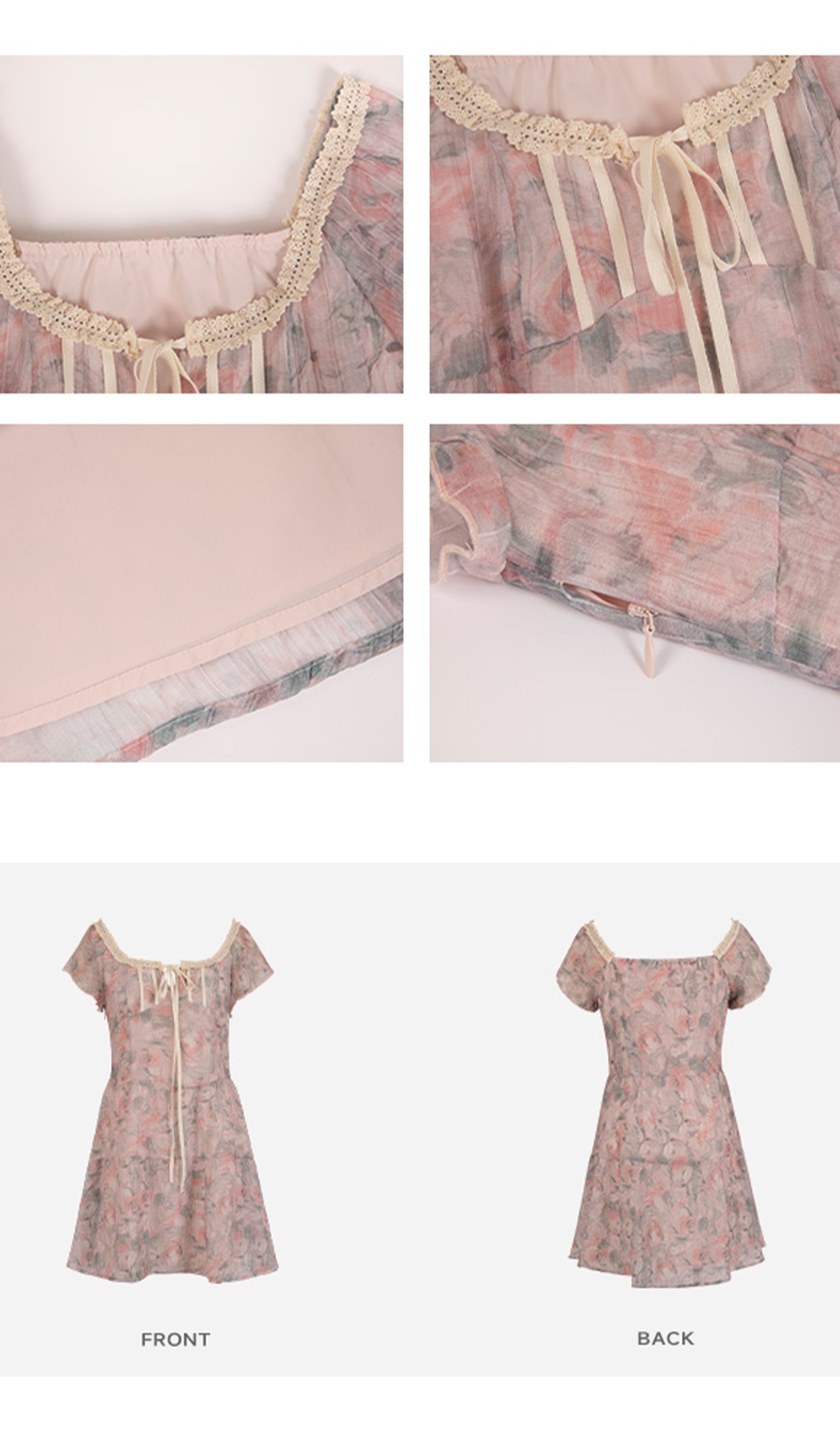 Rosa Minikleid mit Blumenmuster, U-Ausschnitt und Spitzenbesatz 