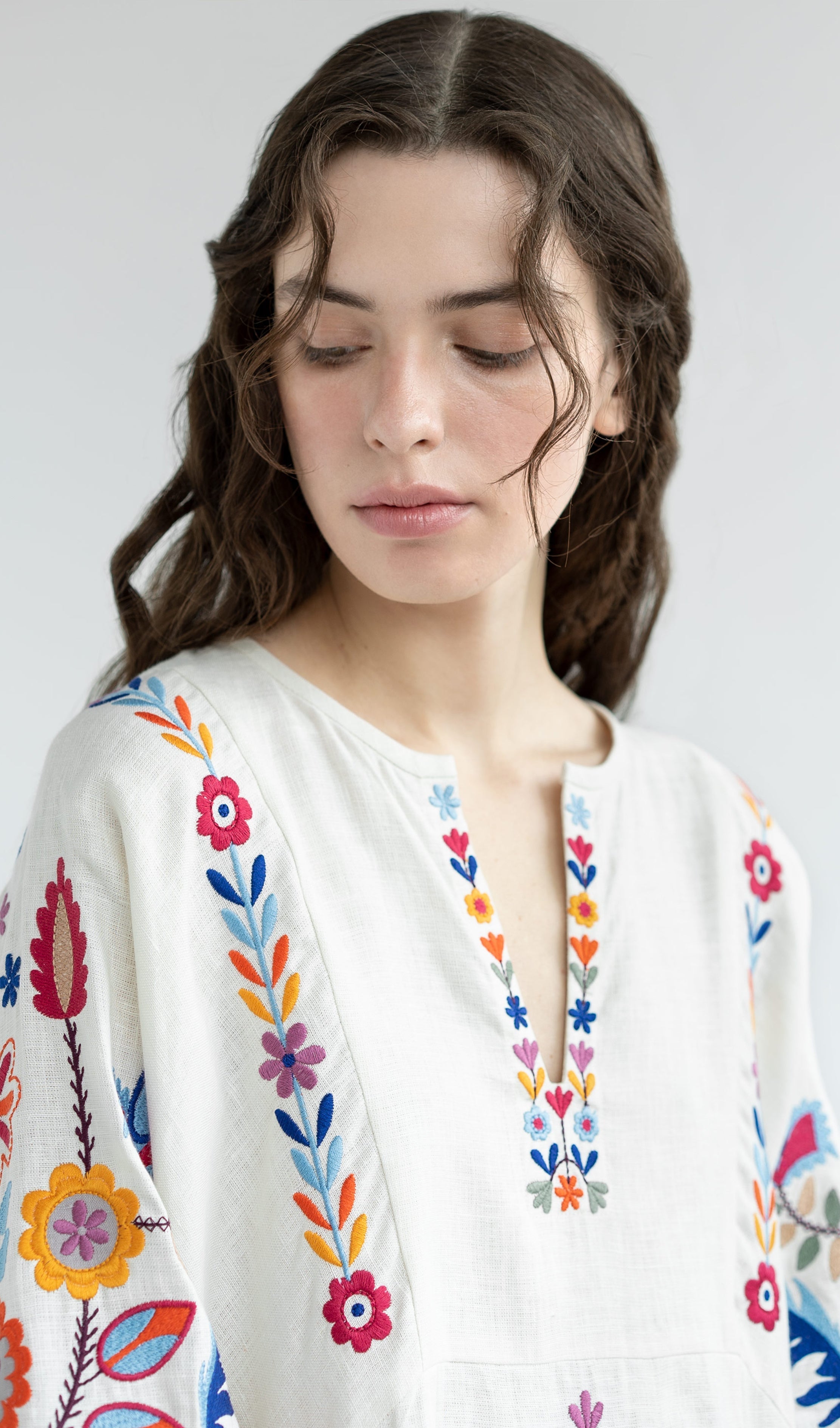 White Linen Midi Dress with Floral Embroidery