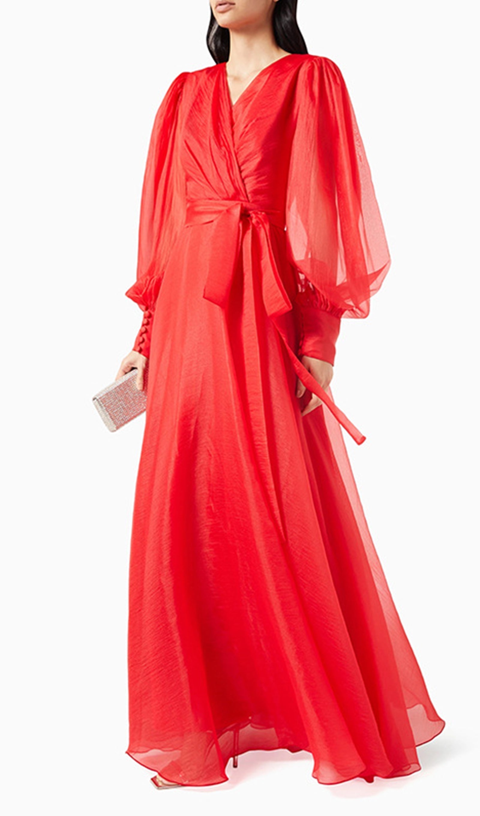 Maxikleid mit Laternenärmeln, V-Ausschnitt und Gürtel