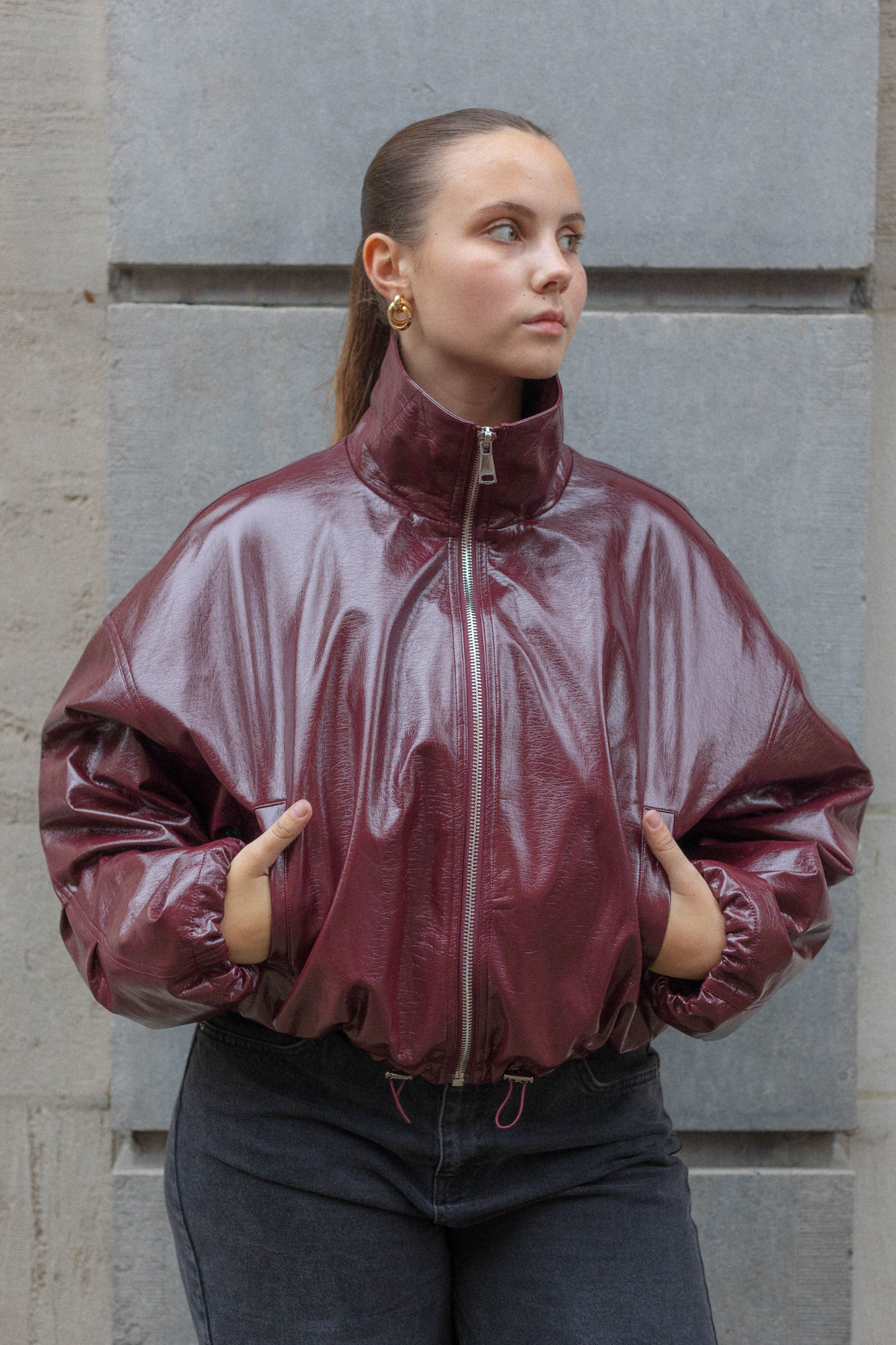 Bordo Parlak Oversize Bomber Ceket
