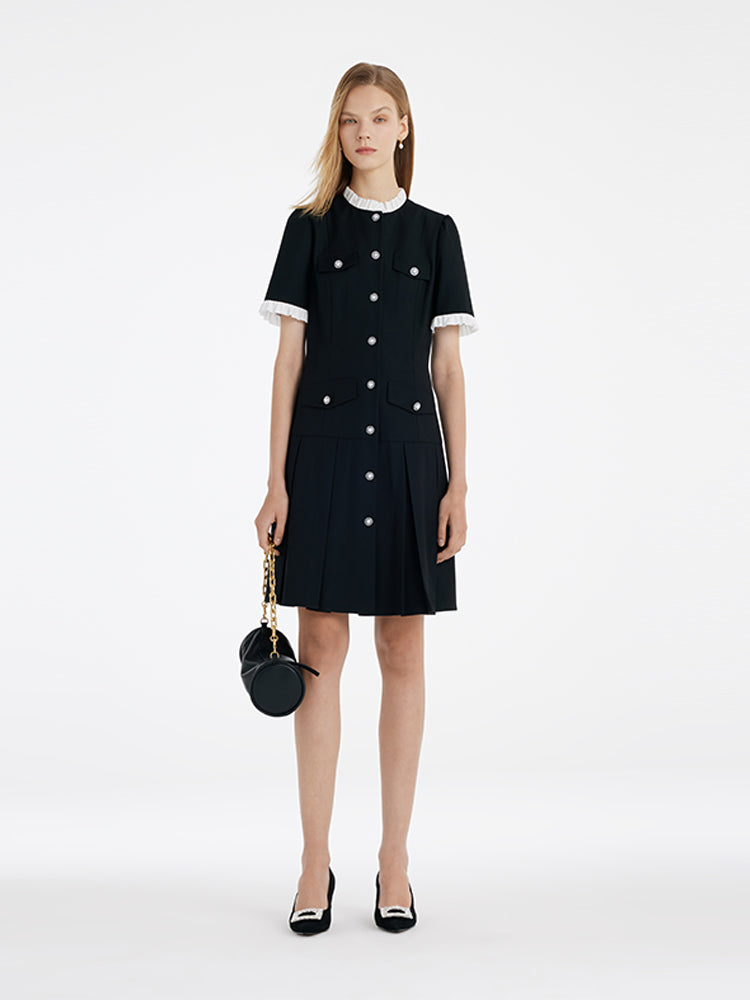 Women's Black Mini Sport Dress with Ruffle Trim and Pearl Buttons 
