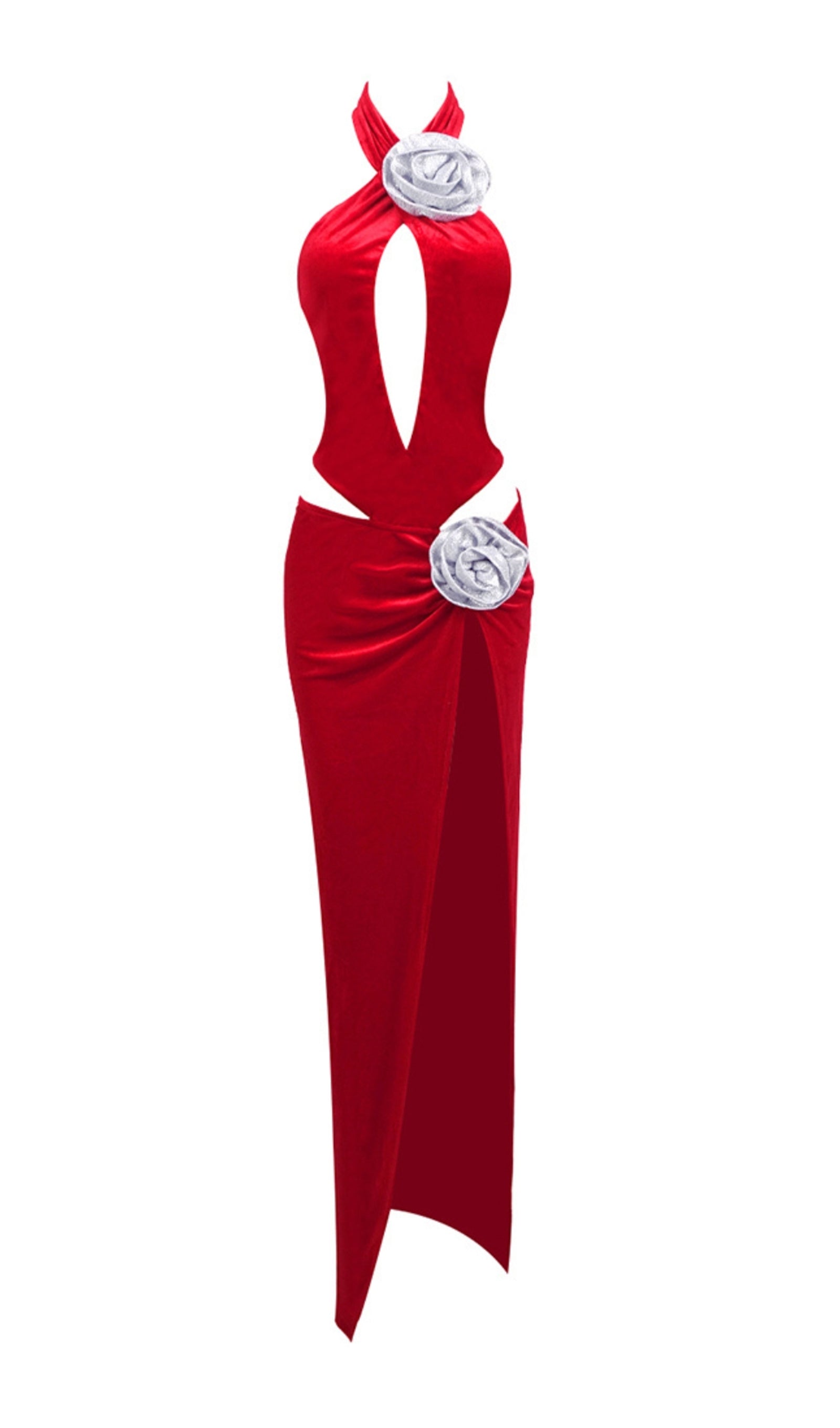 Maxikleid aus rosafarbenem Samt mit Cut-Outs 