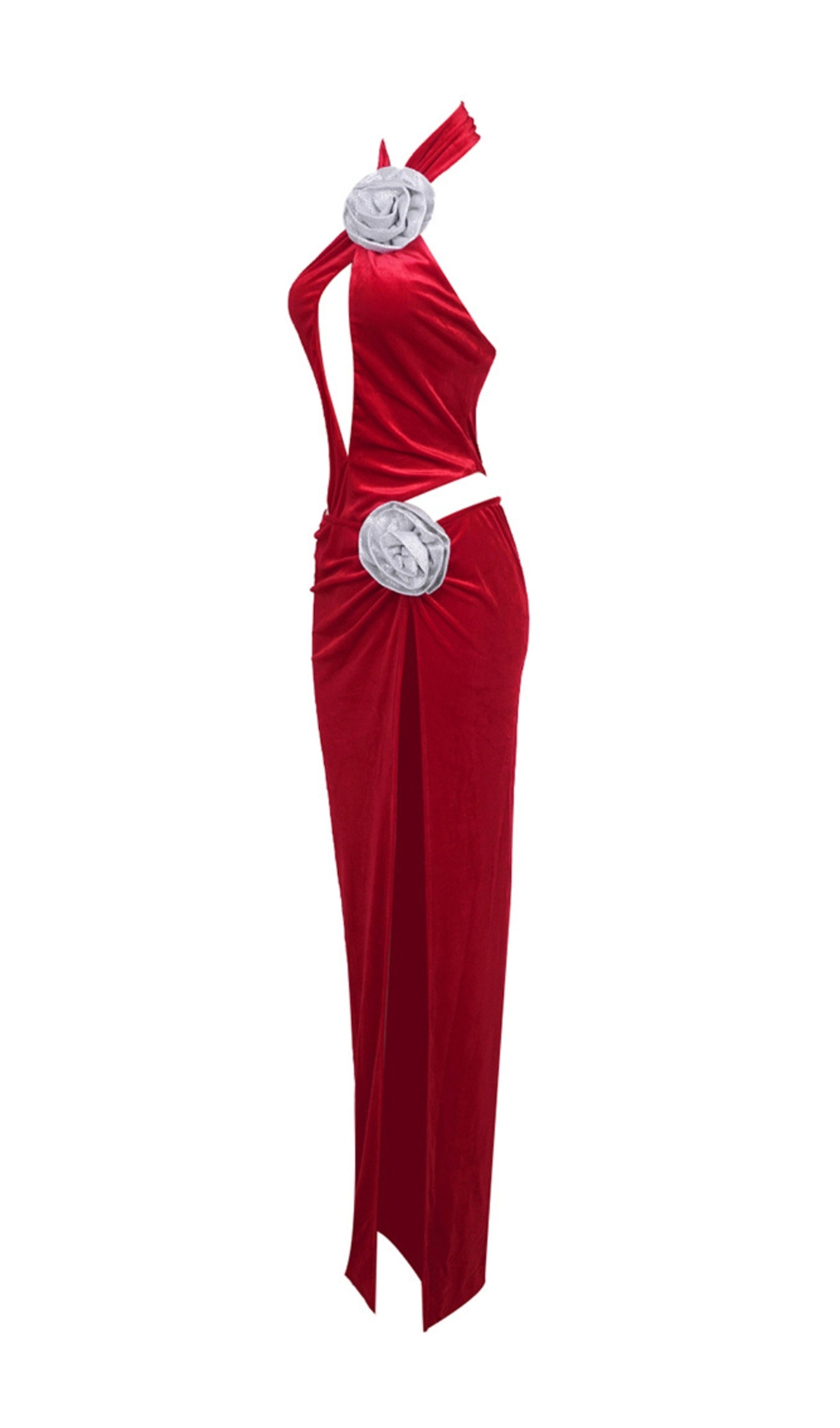 Maxikleid aus rosafarbenem Samt mit Cut-Outs 