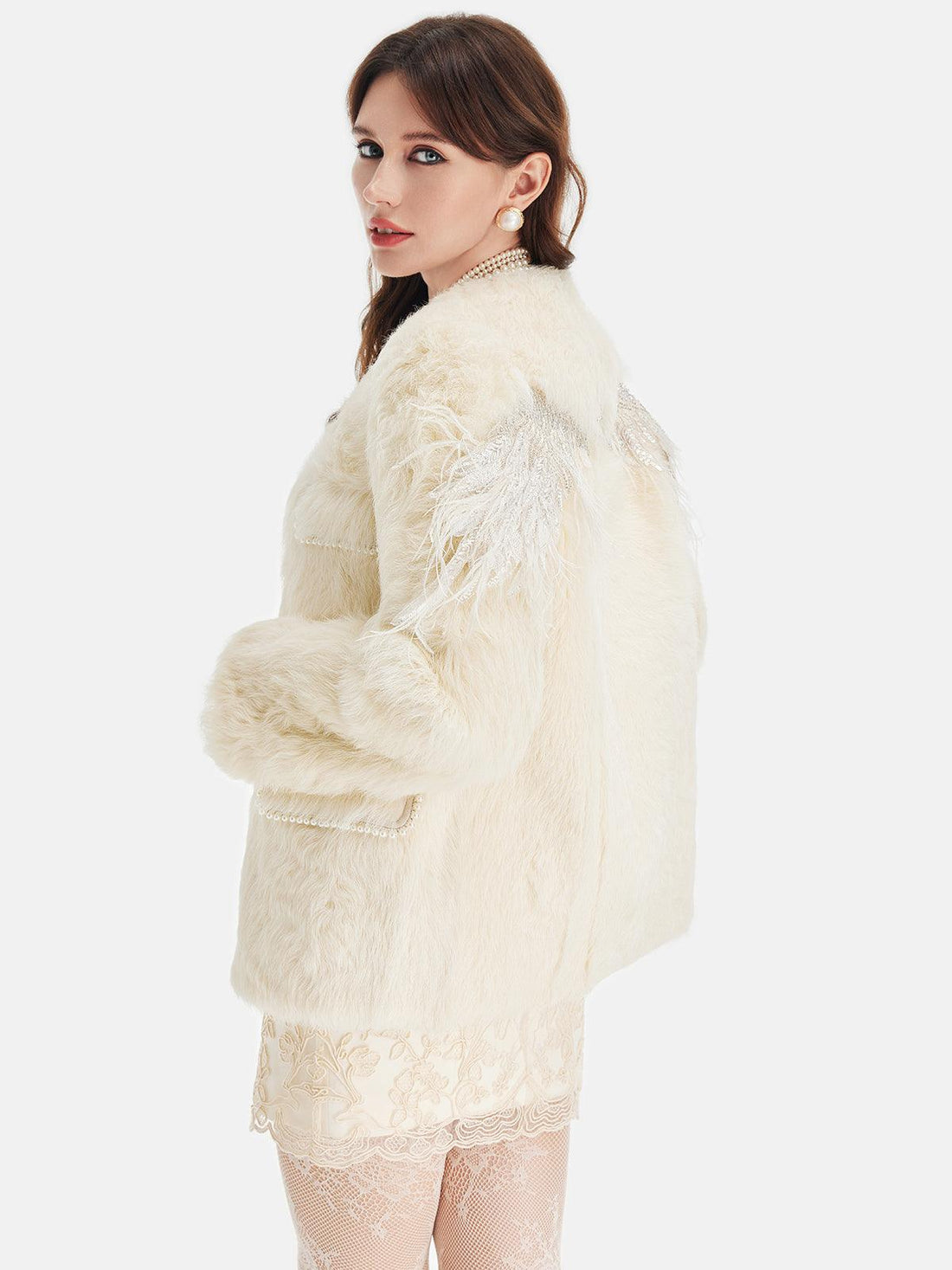 Cream Fur Jacket with Pearl Pocket Detail
