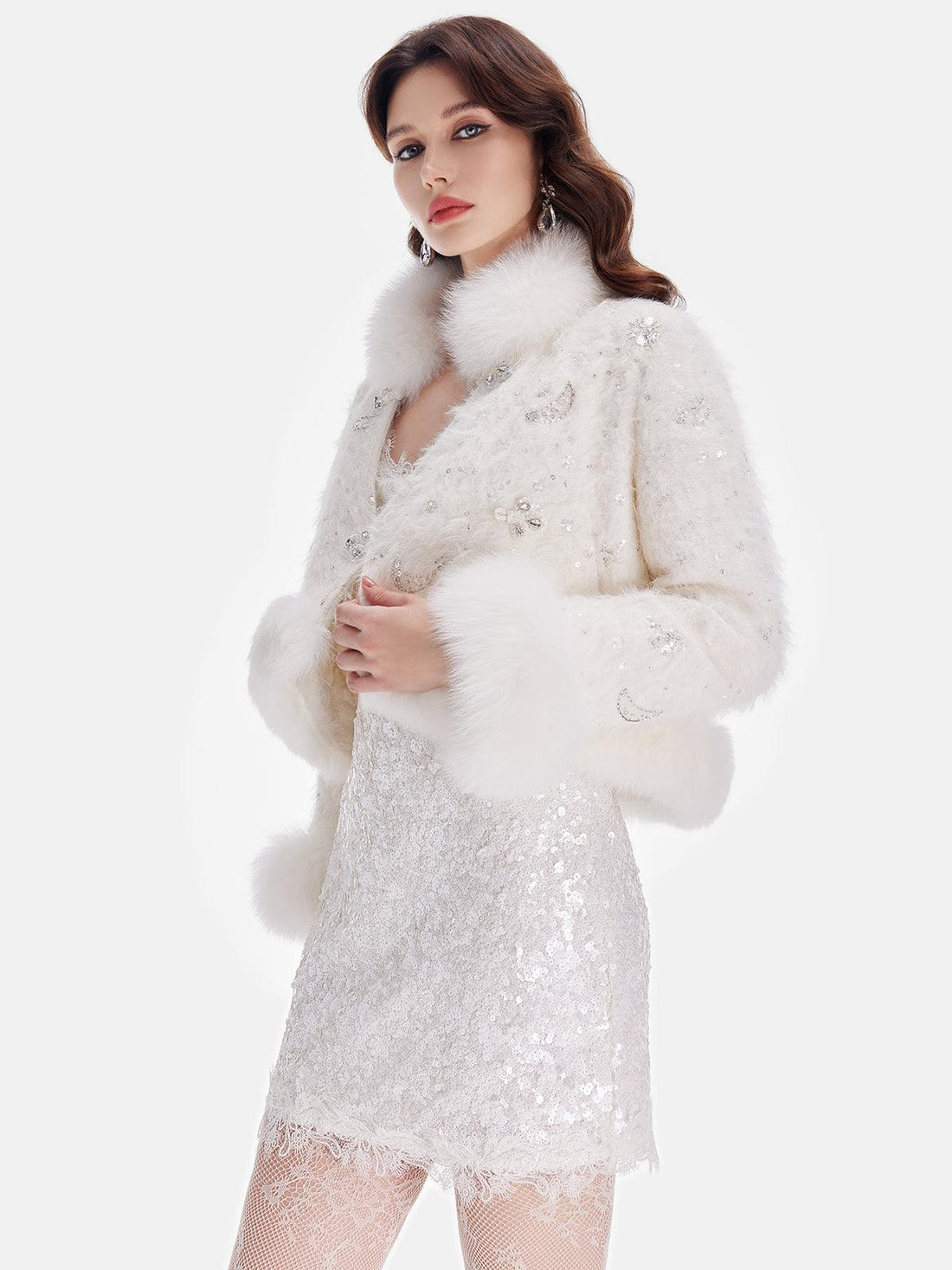 White Fur Coat with Crystal Embellishments