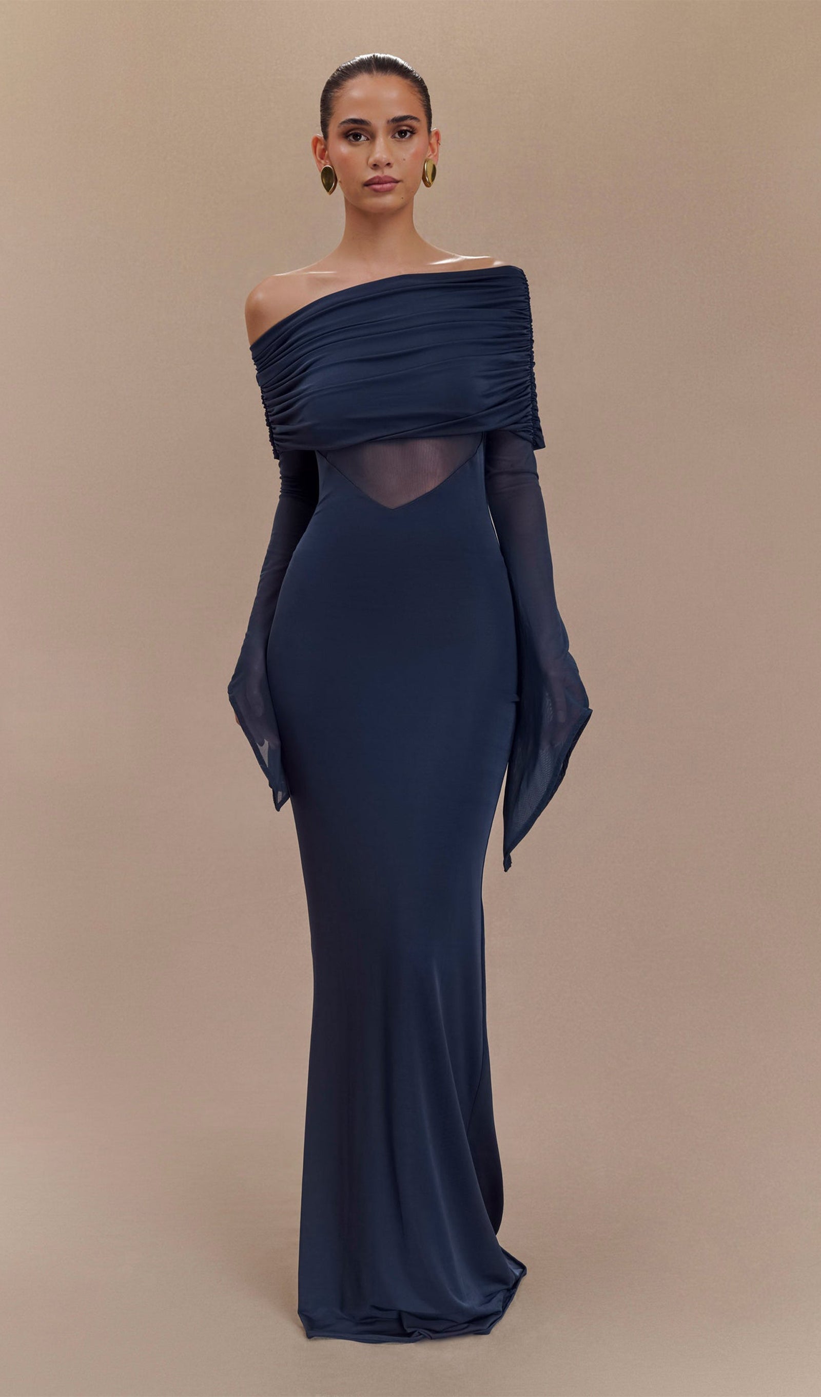 One Shoulder Slinky Lace Maxi Dress - Blue 