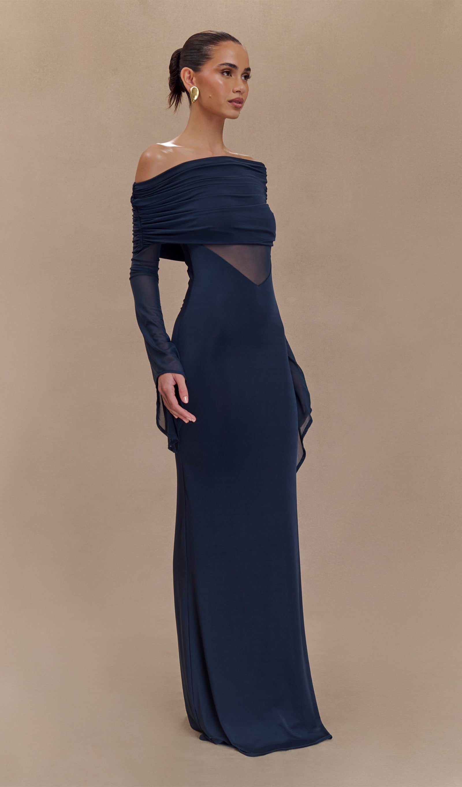 One Shoulder Slinky Lace Maxi Dress - Blue 