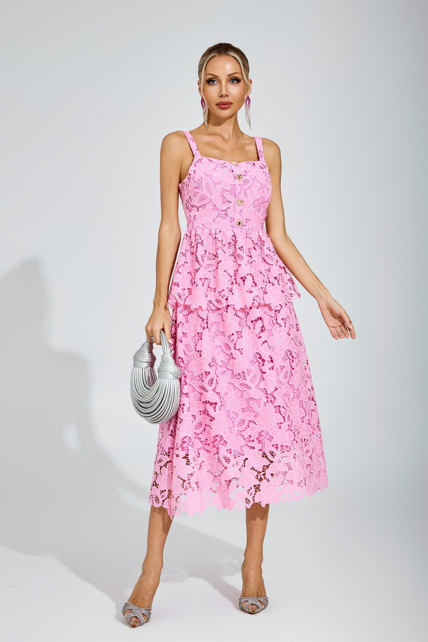 Amelie Rosa Spitzen-Peplum-Midikleid