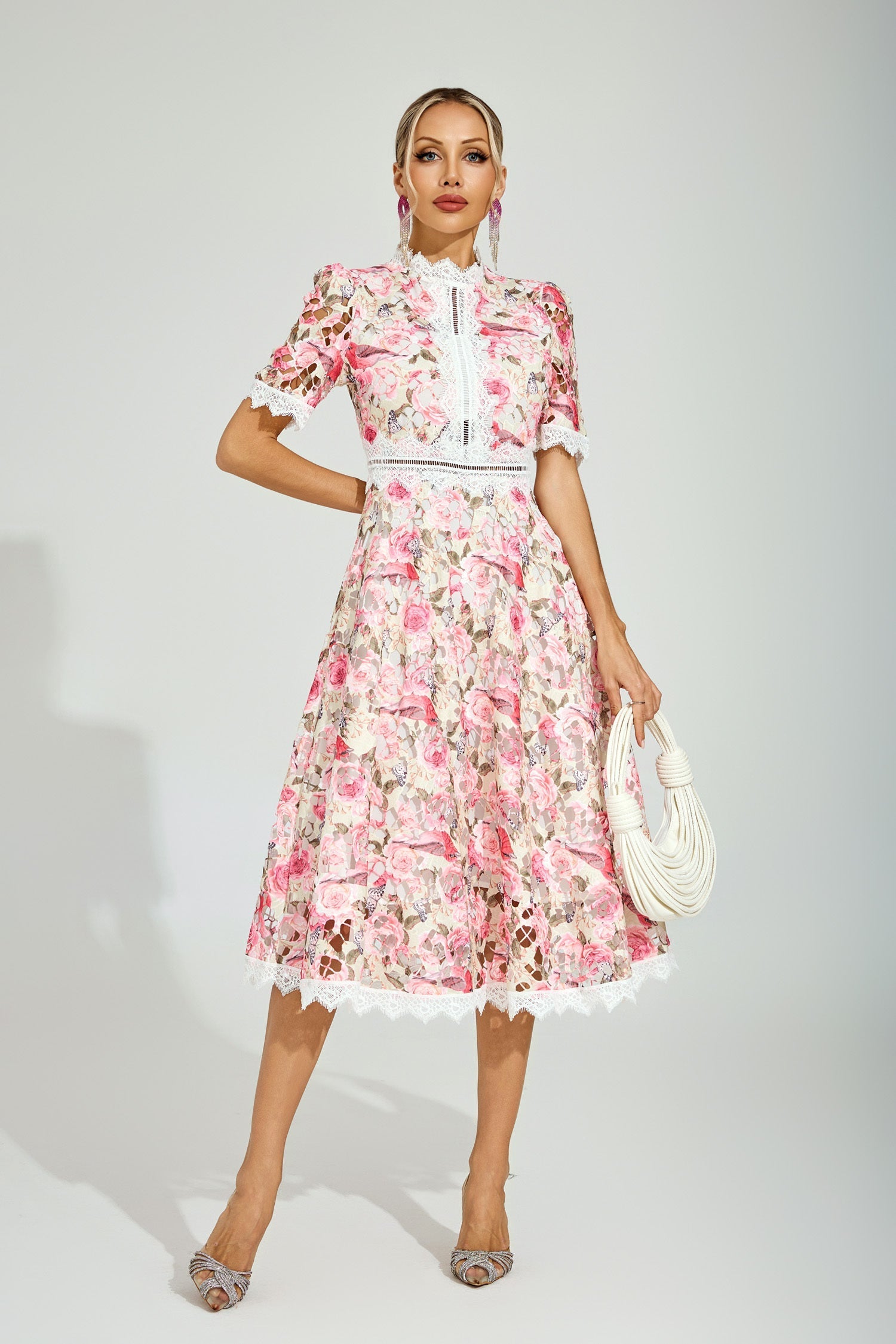 Rose Éclat Dantel Midi Elbise