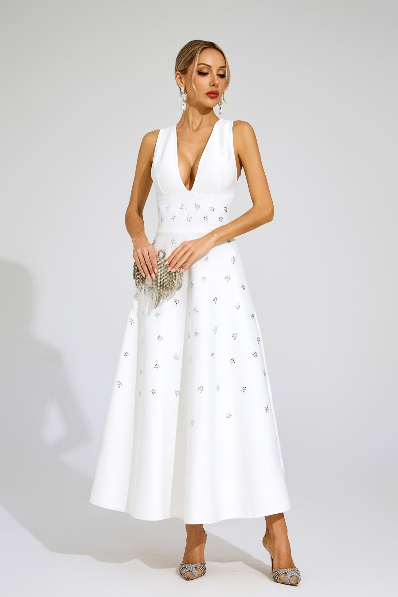 Céleste White Crystal Embellished Maxi Dress