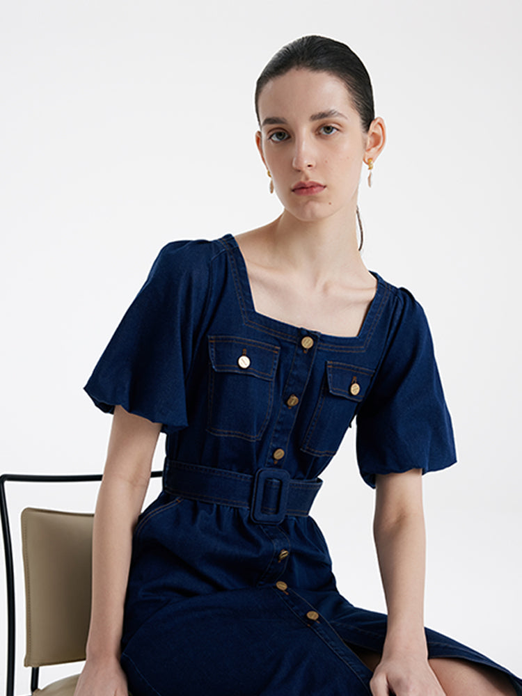 Damen-Midikleid aus Jeansstoff mit Puffärmeln und eckigem Ausschnitt, inklusive Gürtel 