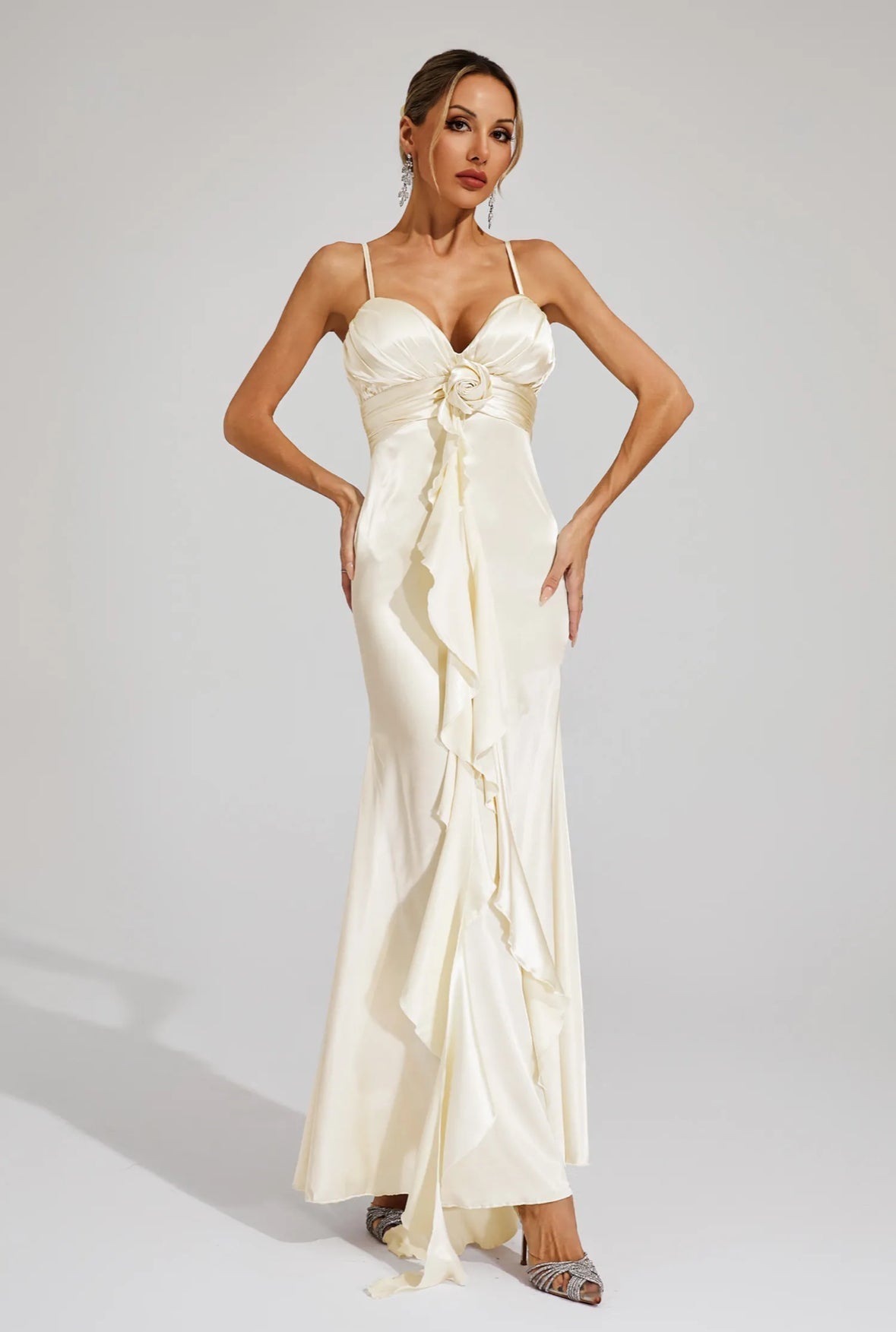 Rose Saten Drapeli Maxi Elbise