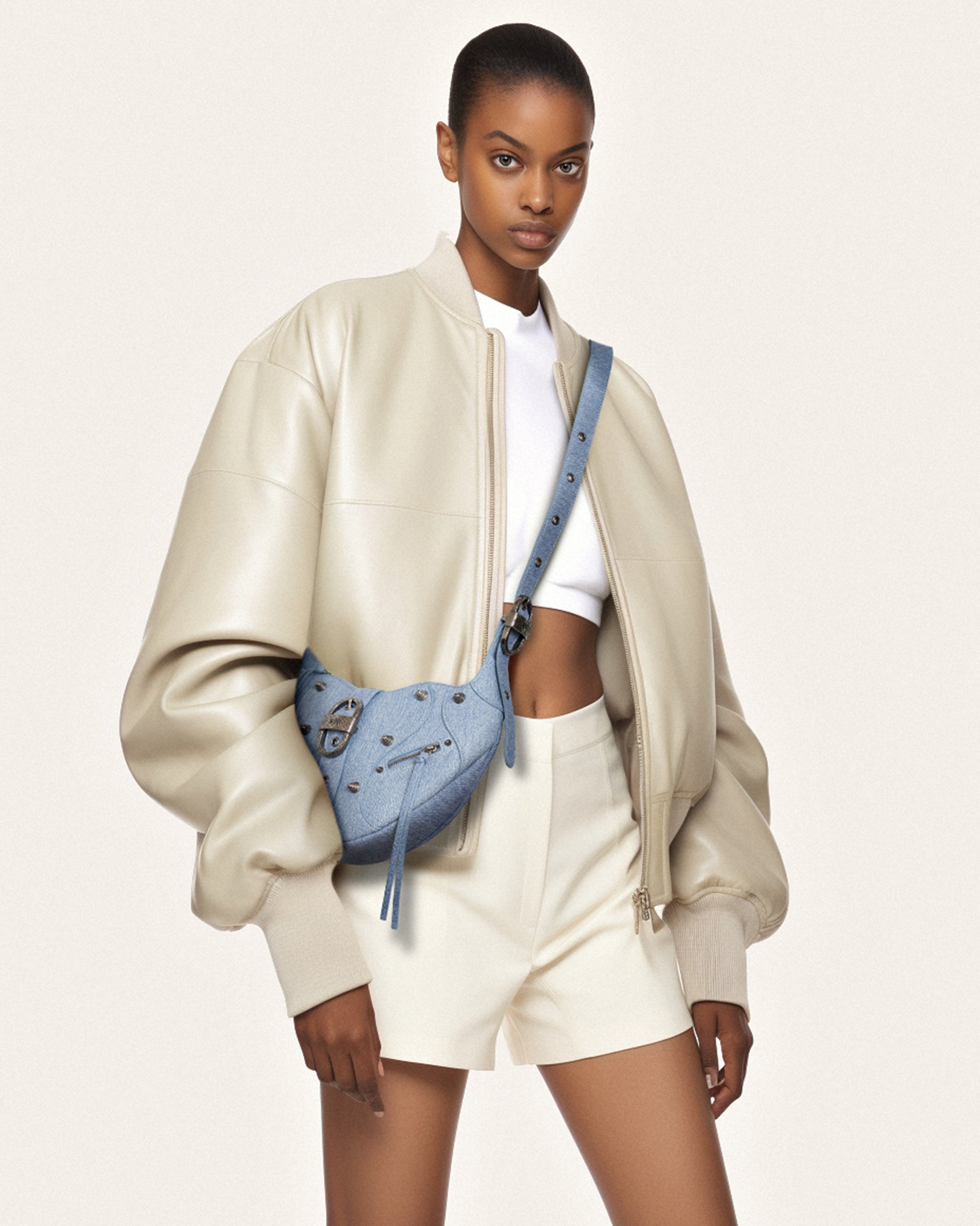 Tessa Denim Embossed Omuz Çantası – Mavi