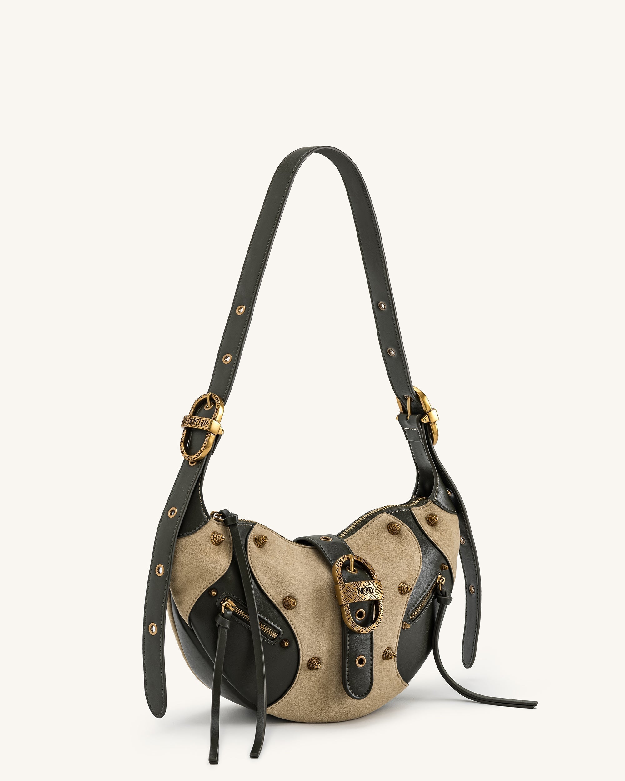 Tessa Schultertasche aus Wildlederimitat mit Nieten – Khakigrün