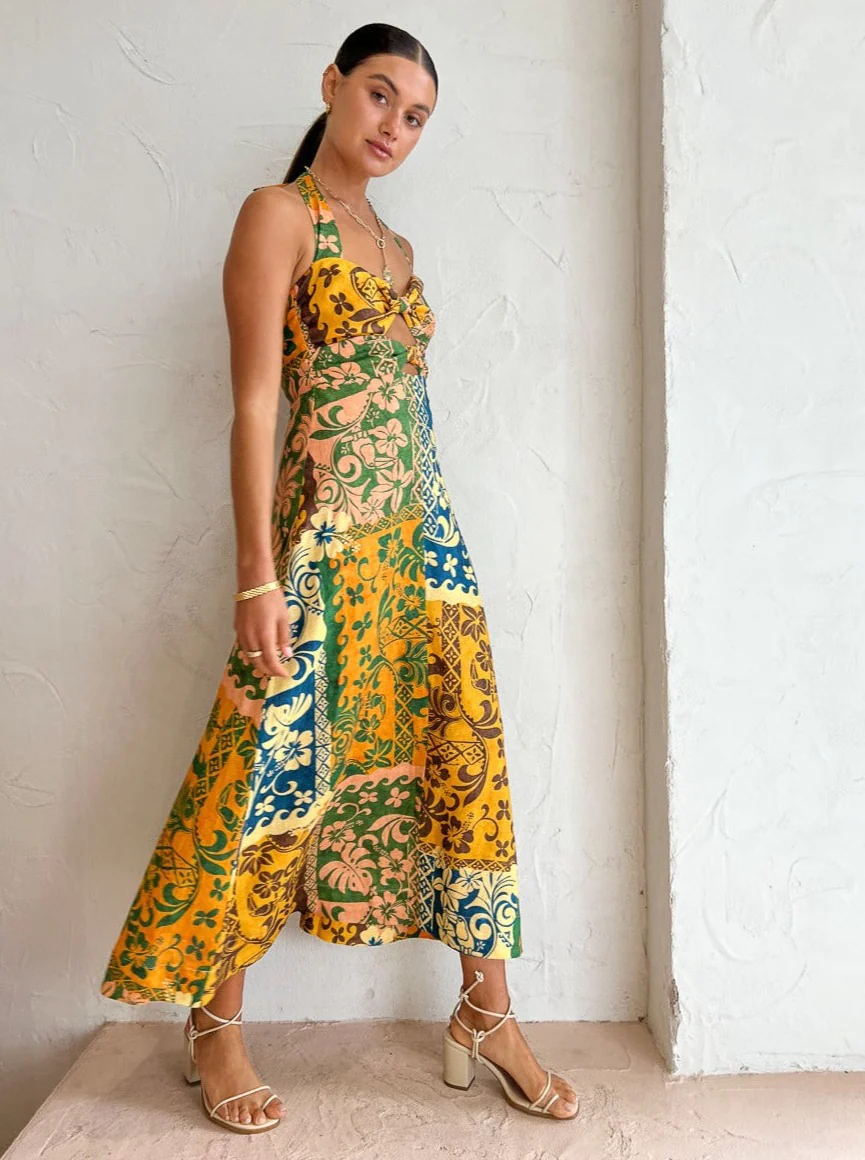 Sexy Print Bandage Backless Halter Print Maxi Dress 
