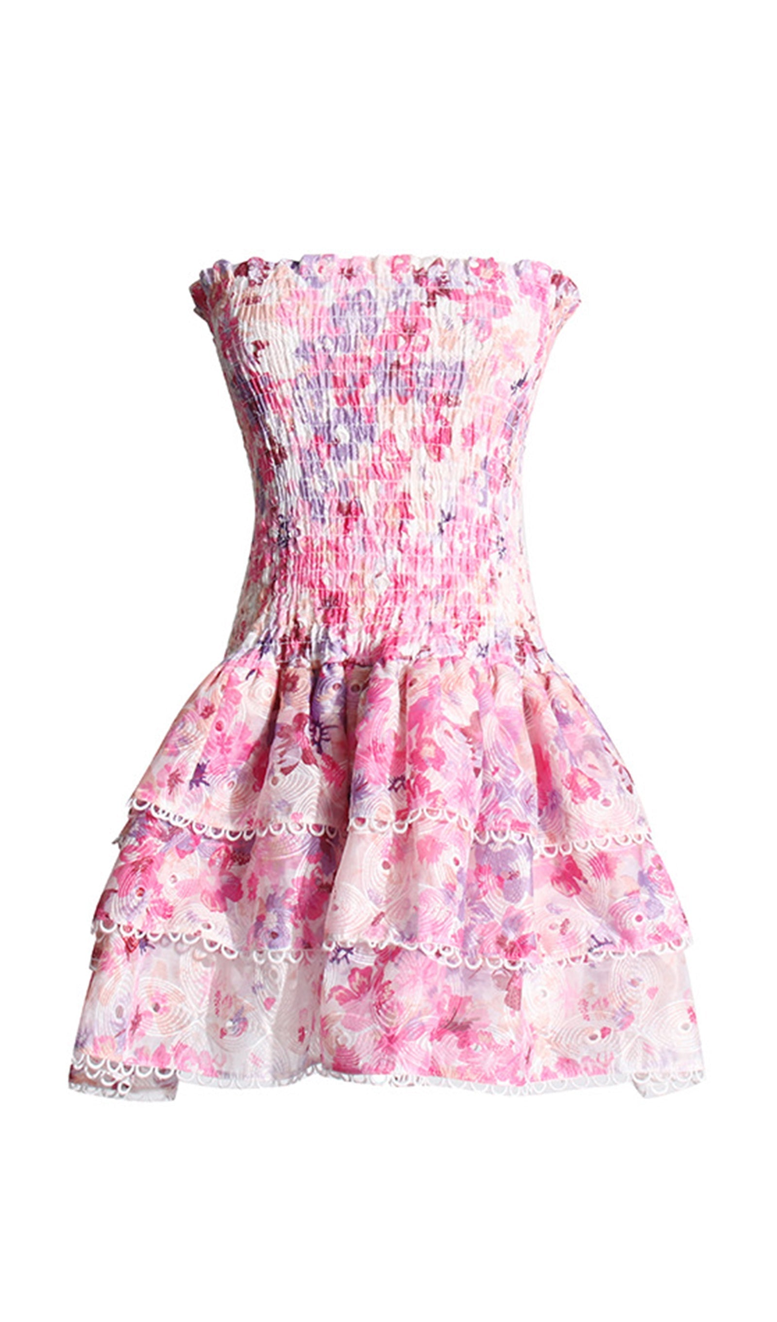 Geblümtes, gerüschtes, trägerloses Minikleid