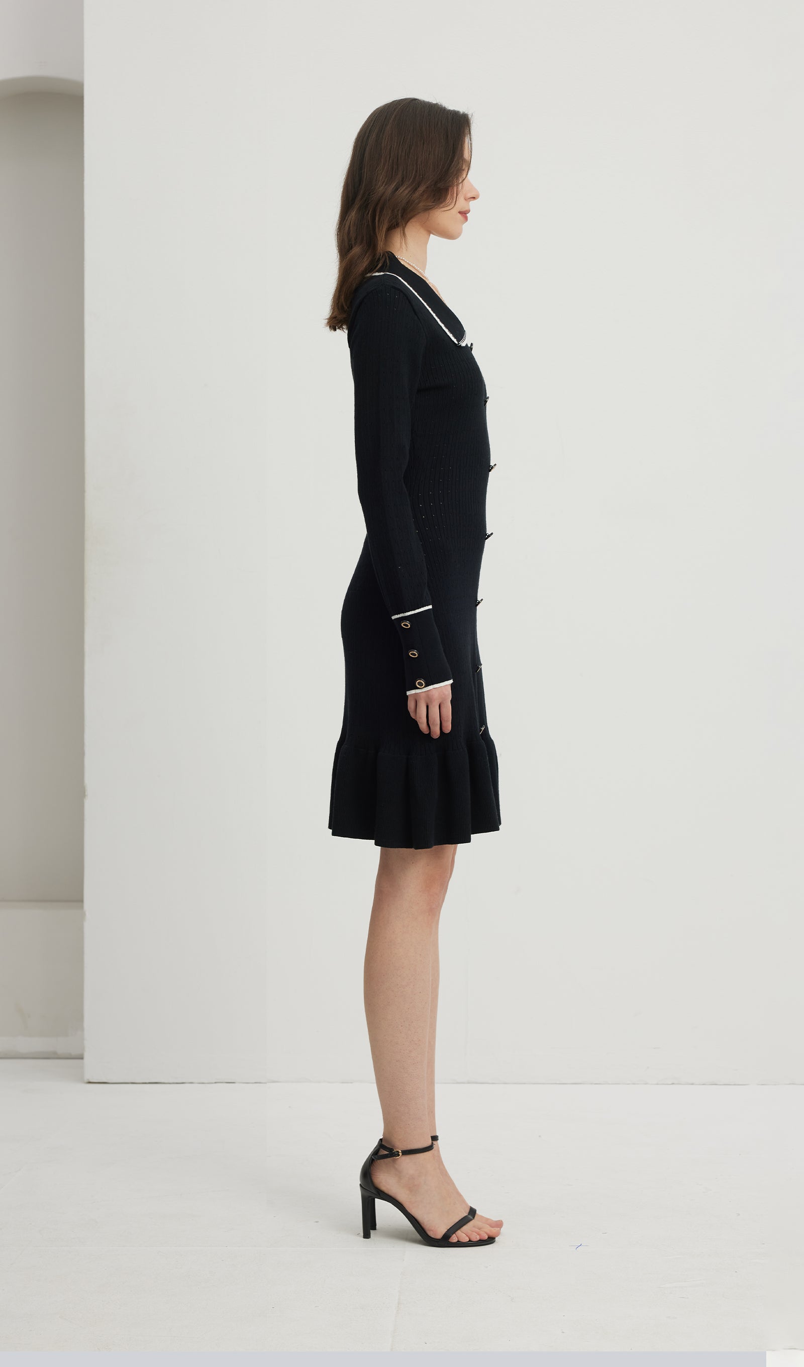Fitted Textured Jersey Mini Elbise-Siyah