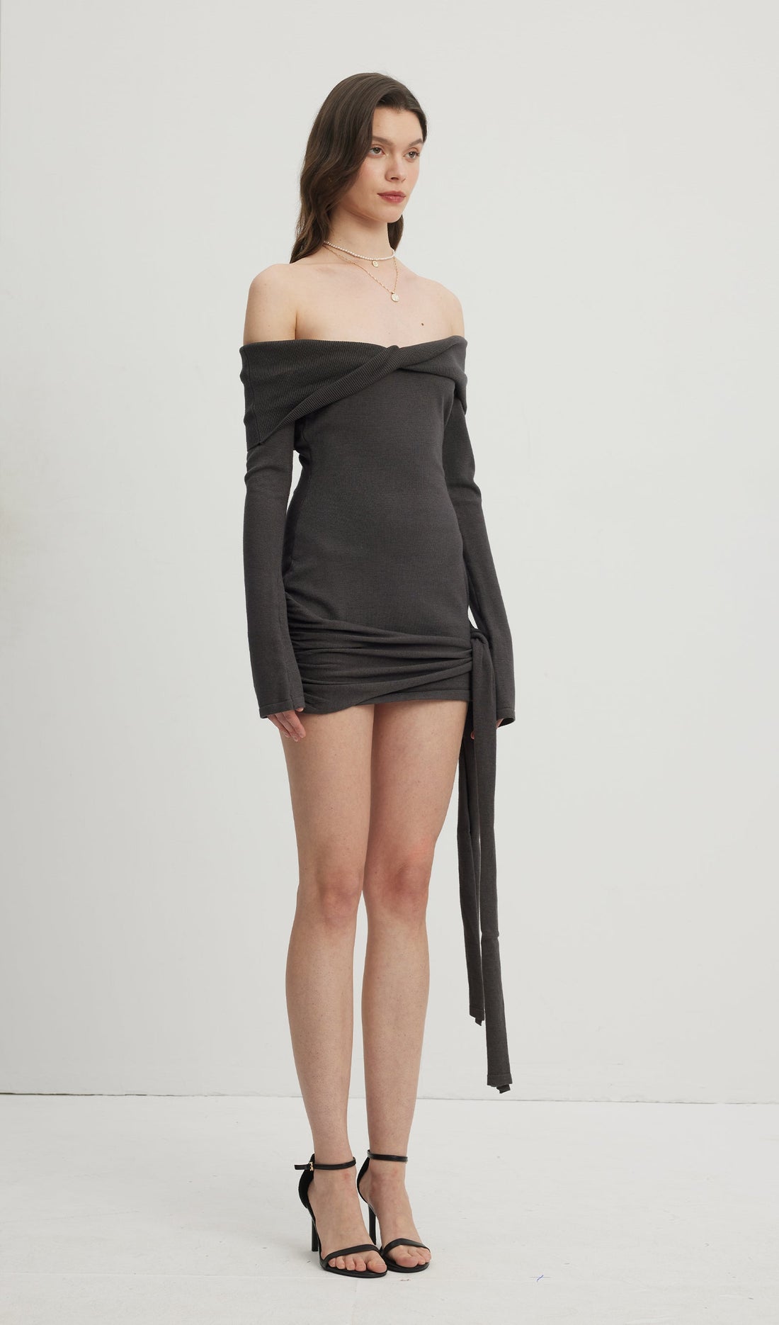 Off-Shoulder Tie Knit Mini Dress