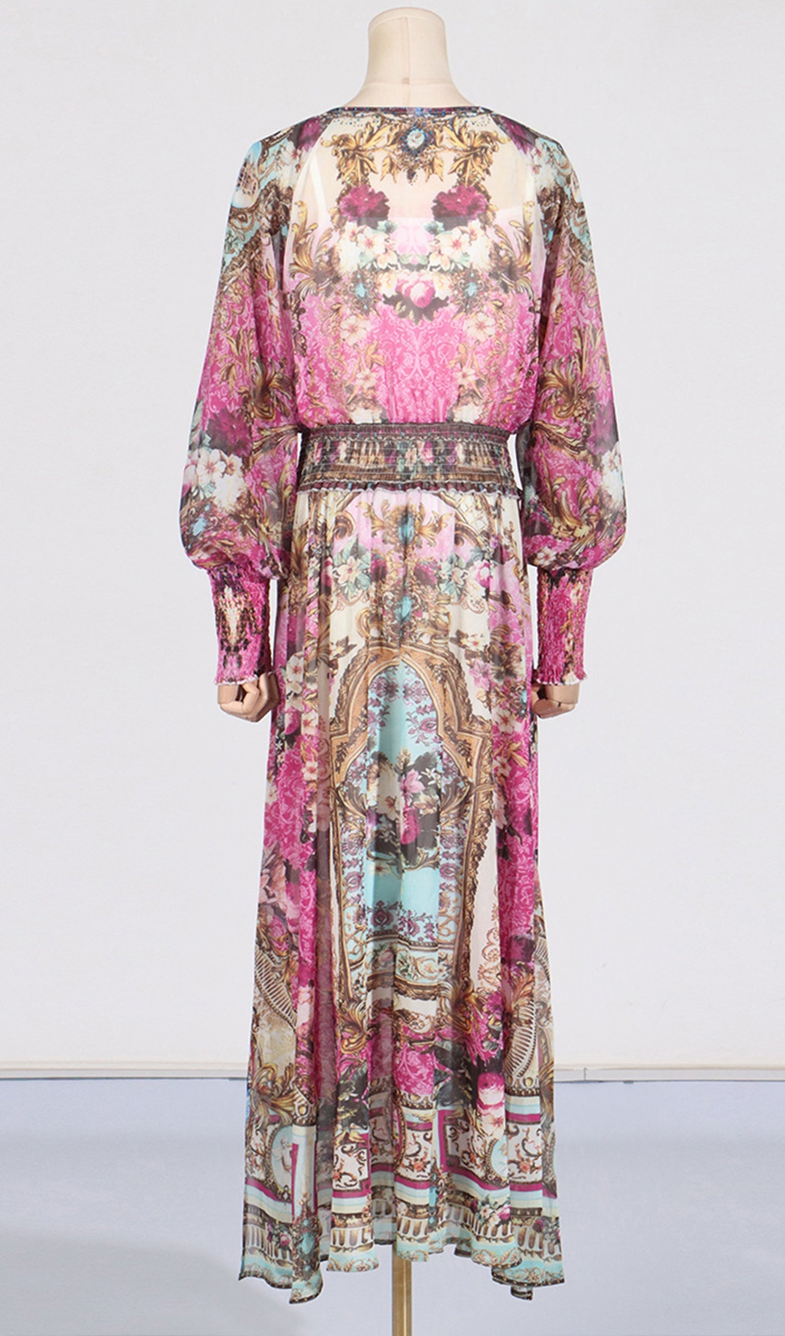 Boho-Maxikleid mit Blumenmuster, langen Ärmeln und V-Ausschnitt